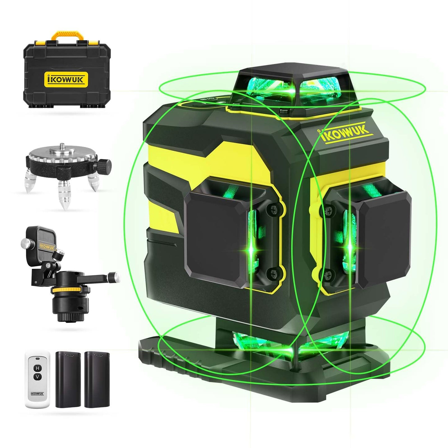 IKOVWUK 4x360° Laser Level Pro Kit, Self-leveling Tool for Construction, Tiling Floor & Picture Hanging, 4D Cross Line Laser Level with Fine-tuning Bracket, 16 Lines Laser level with 2*4000mAh Battery