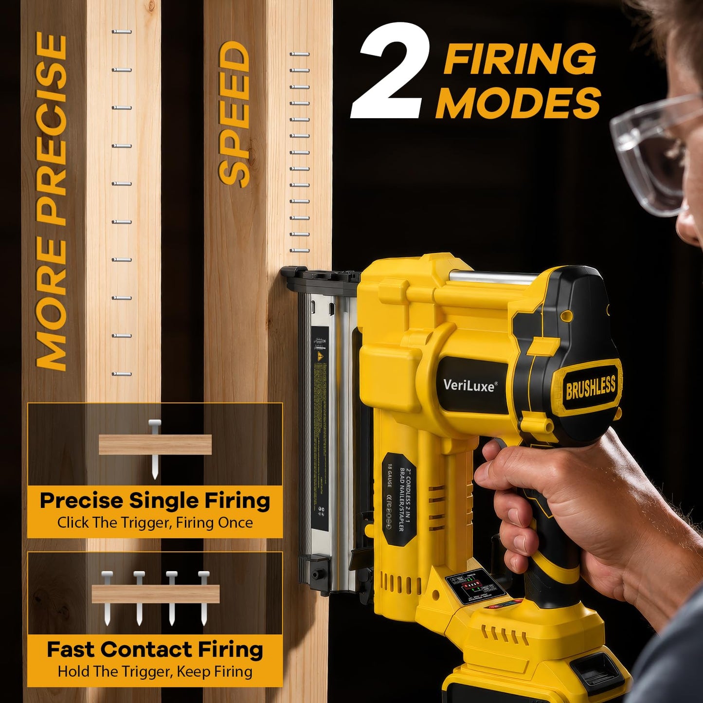 Cordless 2" Brad Nailer Compatible with Dewalt 20V Battery (No Battery), 2-in-1 Electric 18 GA Nail Gun/Staple Gun Battery Powered with 1200 Nails/Staples, 2 Modes, Adjustable Depth, Safety Nose, LED