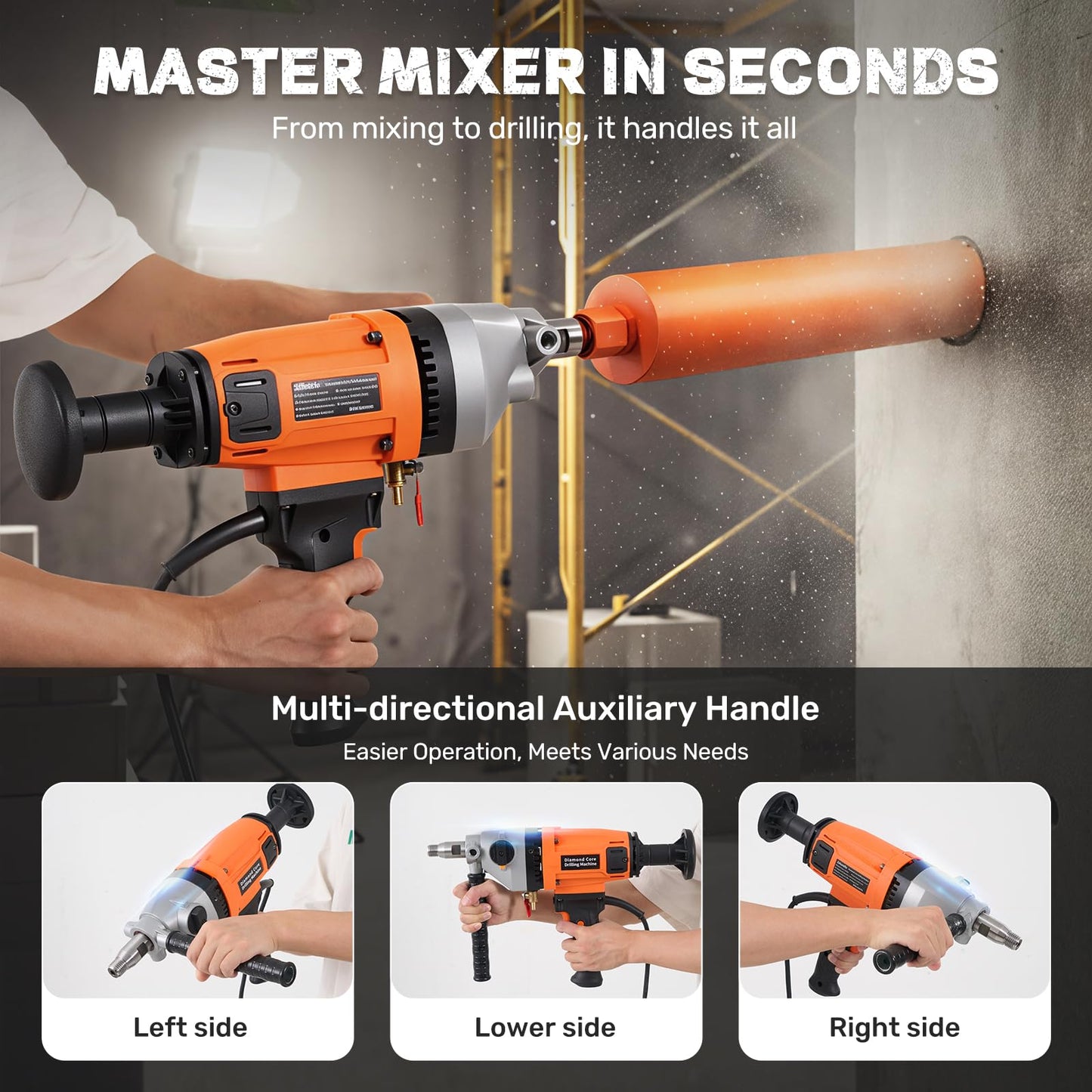 Zelurelle 4 inch Diamond Core Drill Machine, 1500W Handheld Concrete Core Drill Rig, 2-Speed Wet/Dry Drilling, 1350/2350RPM, 1-1/4" Thread, for Brick, Block, Stone, Reinforced Concrete