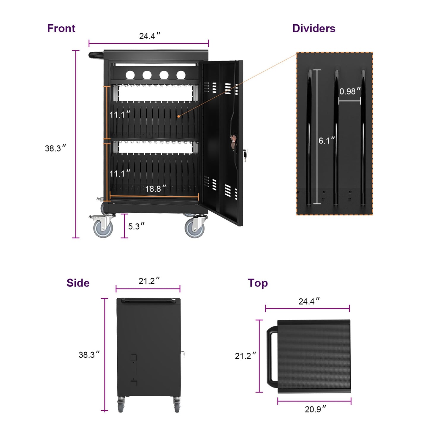 30-Device Mobile Charging Cart with Charging Power Strip and Front and Rear Access Locks, Cable Management, Up to 16.3", Safe Charging Cabinet for Ipads, Chromebooks, Tablets, Laptops Black