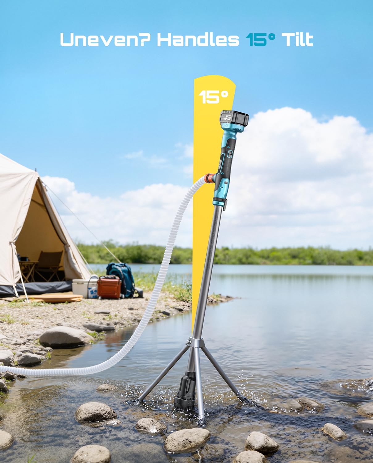 SEESII Cordless Stick Water Transfer Pump with Tripod Stand Hands-free, Portable Submersible Water Pump 720GPH & 2 x 4.0Ah Batteries, 32FT Lift for Pool Draining Boat Bilge Garden Rain Barrel Basement