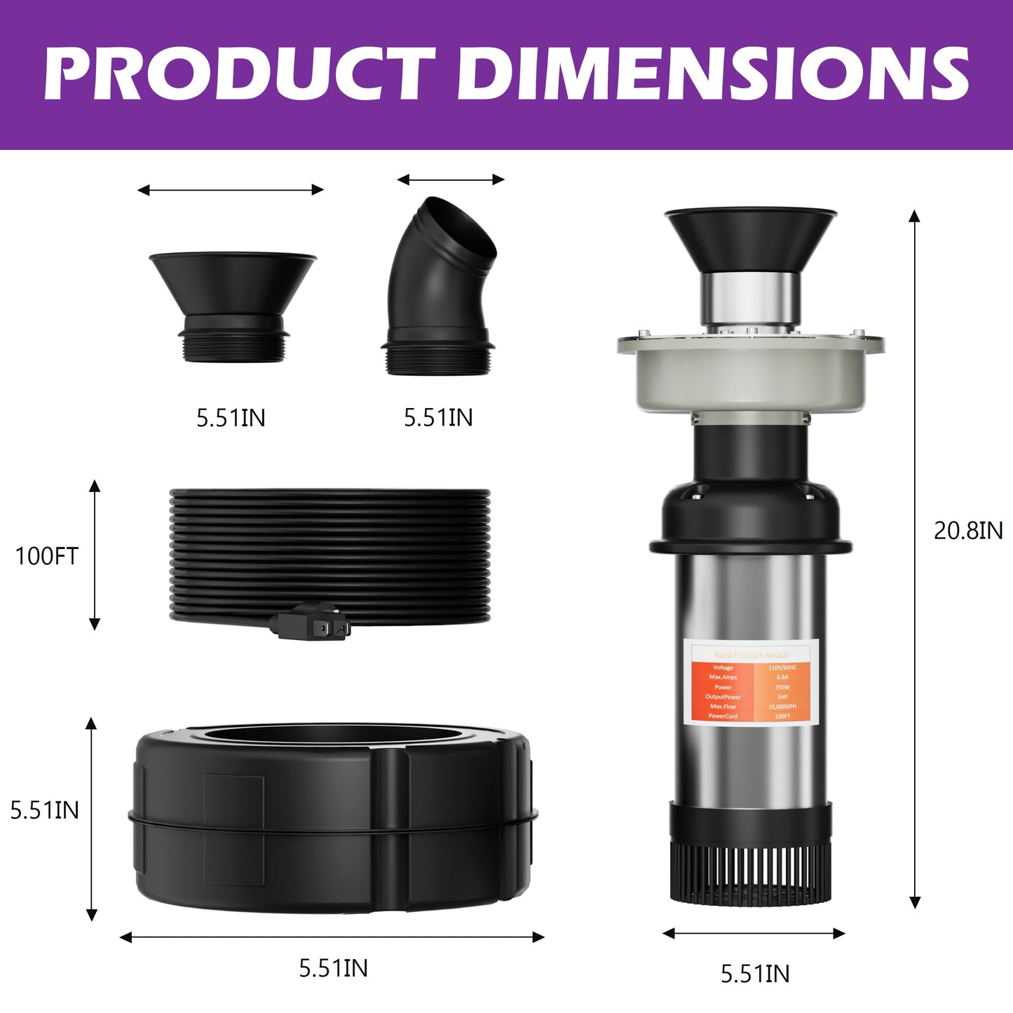 Large Energy-Efficient 1HP Pond Aerator with Automatic 5-Color Changing LED Lighting – 15000 GPH 750W Floating Fountain Pump for Ponds & Lakes, Includes 100ft Cable & Timer Controller