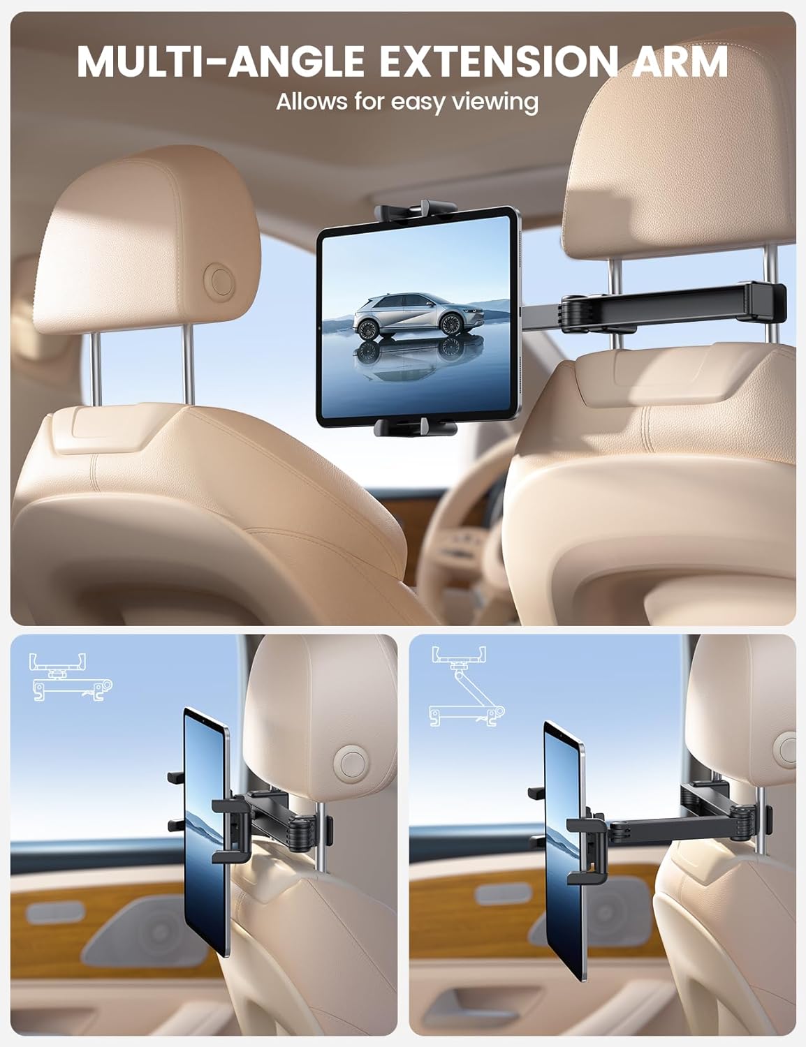 Lamicall 4.7-13" Car Headrest Tablet Holder - [Lockable] [Thick Case Friendly] [Foldable Clip] Car Backseat Tablet