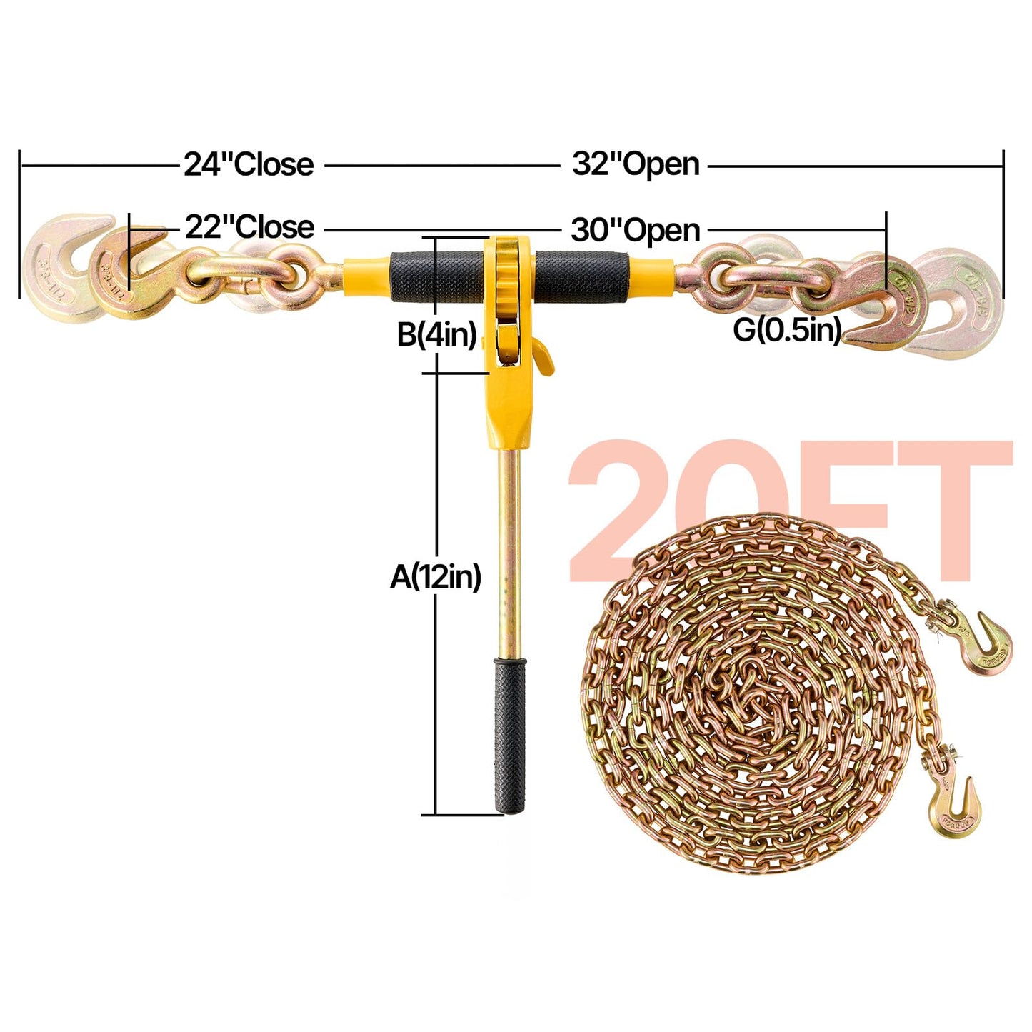 VEVOR Ratchet Binder with 5/16-3/8 inch, 7100 lbs Load Limit G80, Detachable Anti-Skid Handle, Tie Down Hauling Binders for Flatbed Truck Trailer, 2 Set Black & Yellow