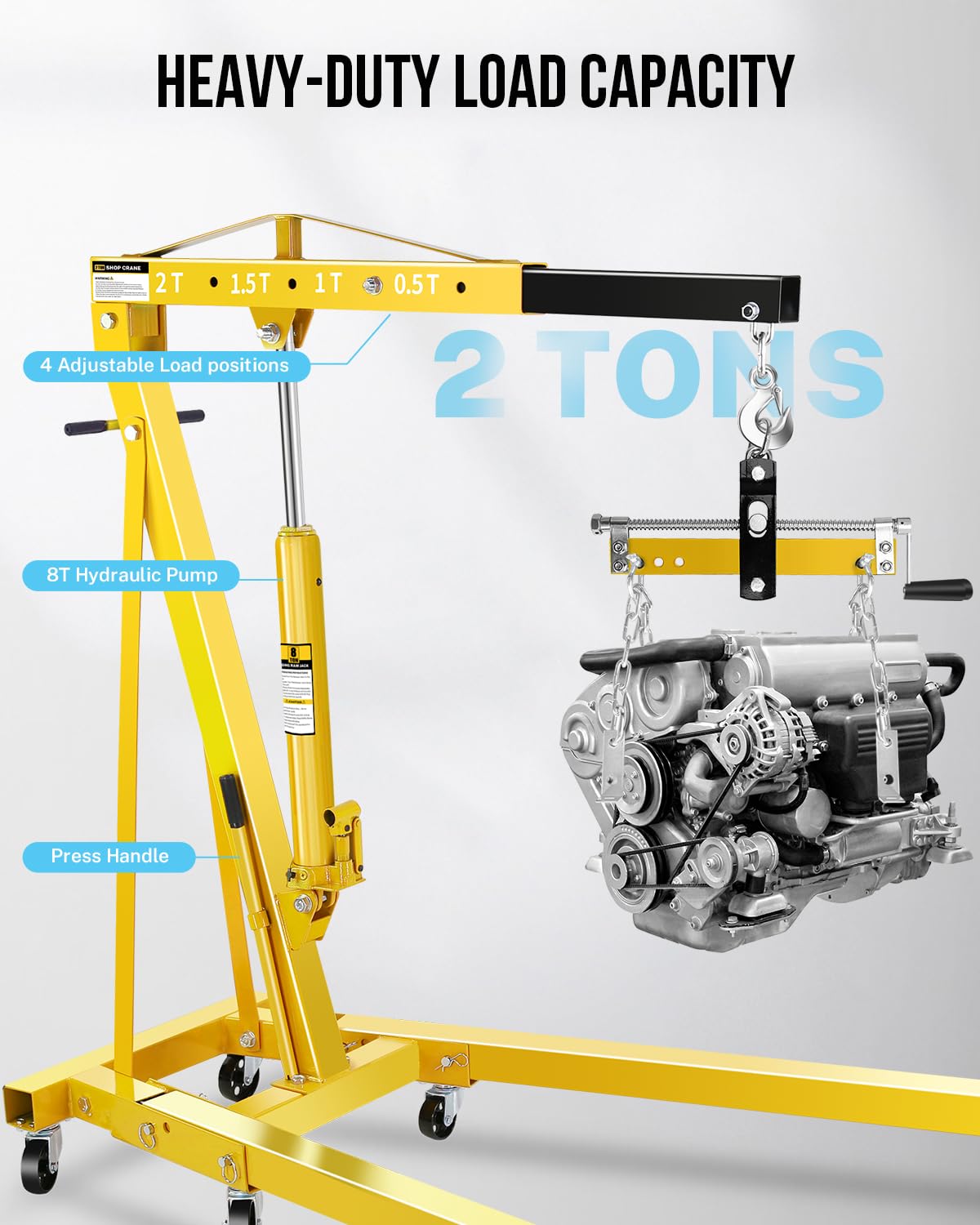 2-Ton Shop Crane with Lever, Hydraulic Folding Engine Hoist w/6 Steel Casters - Lift Car Transmissions, Boat Motors, Farm Equipment (Net Wt. 168 lbs)