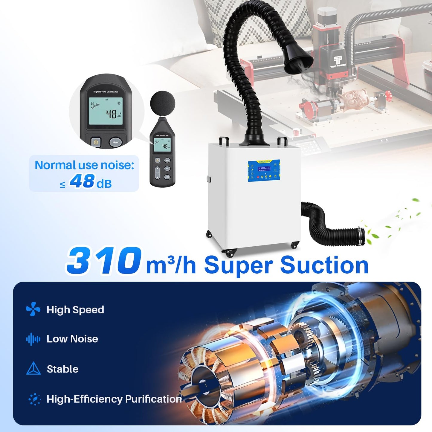 KINGSOM 310m³/h Laser Fume Extractor, Solder Fume Extractor Strong Suction for M1/S1/P1 Laser Cutter, Laser Engraver, 3D Printing