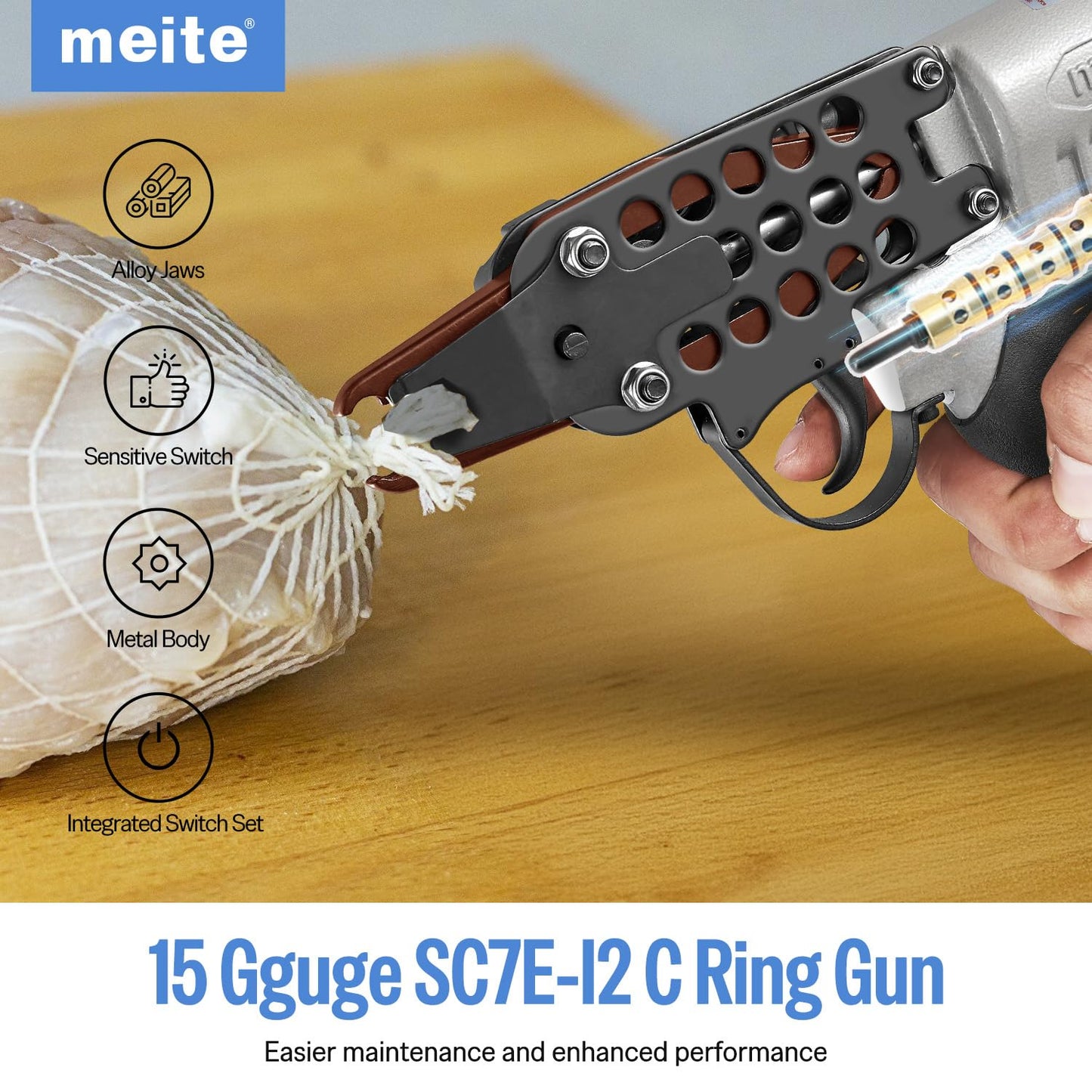 meite SC7E-I2 Pneumatic Hog Ring Gun with 2000 PCS 15GA Hog Rings, 15 Gauge 3/4" Crown Extended Nose Hog Ring Pliers, 8.8 mm Closure, Upgrade Trigger Air C Ringer for Mattress Assembly