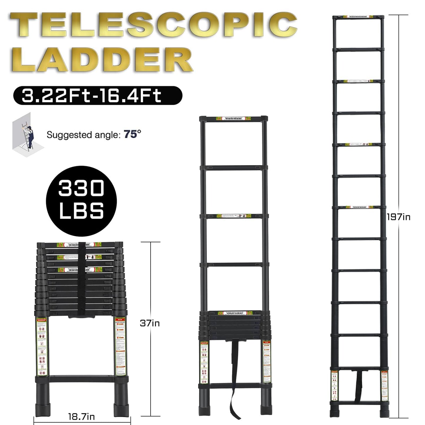 RIKADE 16.5FT Telescopic Ladder, Aluminum Telescoping Ladder with Non-Slip Feet, Portable Extension Ladder for Household and Outdoor Working, 330lb Capacity, Black