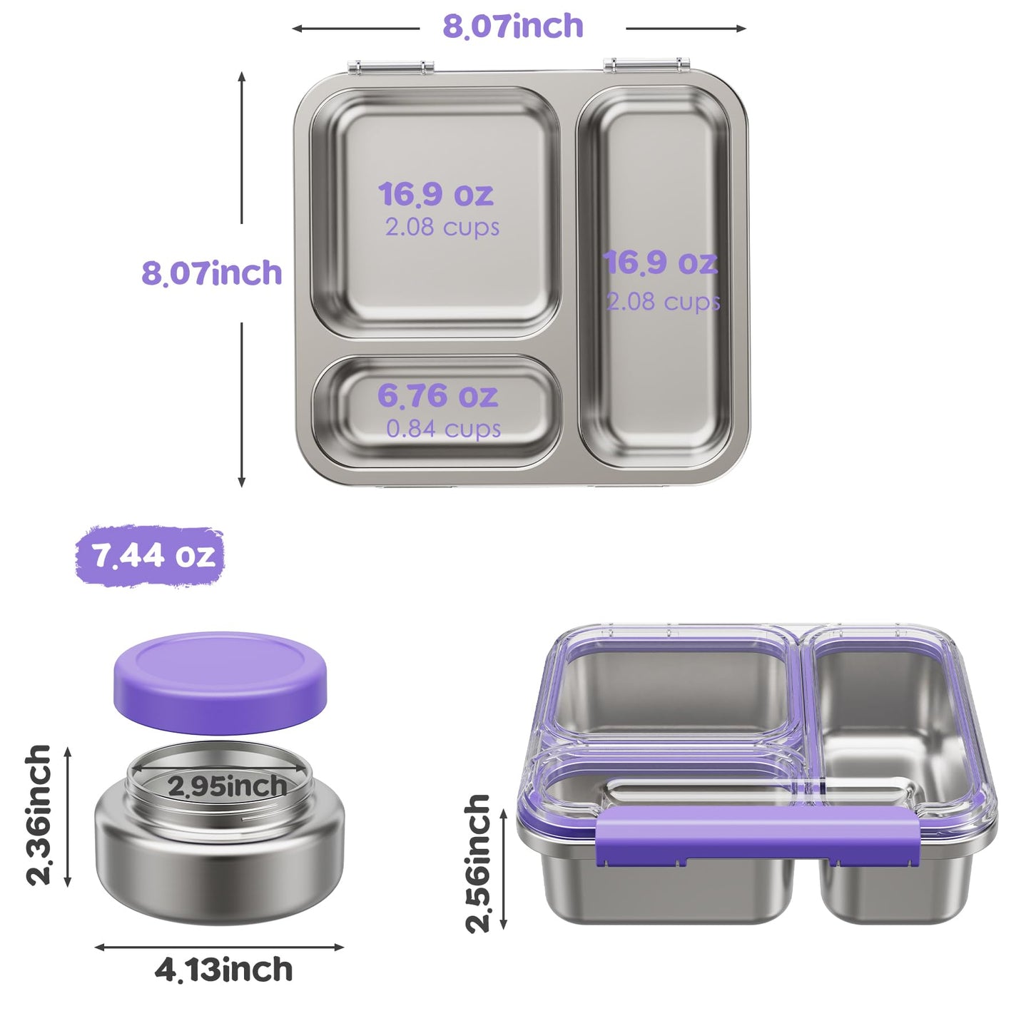 Pawtong Stainless Steel Bento Box Kids Adult with 7oz Insulated Food Jar, Transparent Lid Metal Lunch Box With Soup Thermal Jar, Lunch Box Container with Removable Divider & Sauce Cup School (Purple)