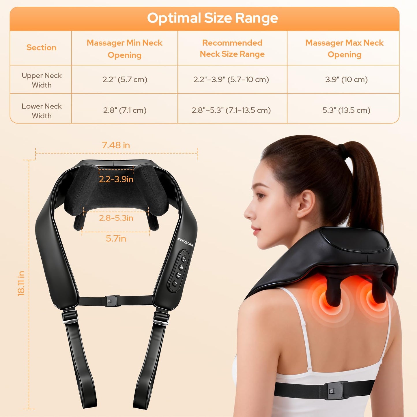 XIENORTINM Cordless Shiatsu Neck and Back Massagers with Heat, Rechargeable 4D Kneading + Tapping Wearable Massager, 3 Tapping Intensities, 3 Speeds, Ultra-Quiet Under 45dB for Deep Muscle Relief