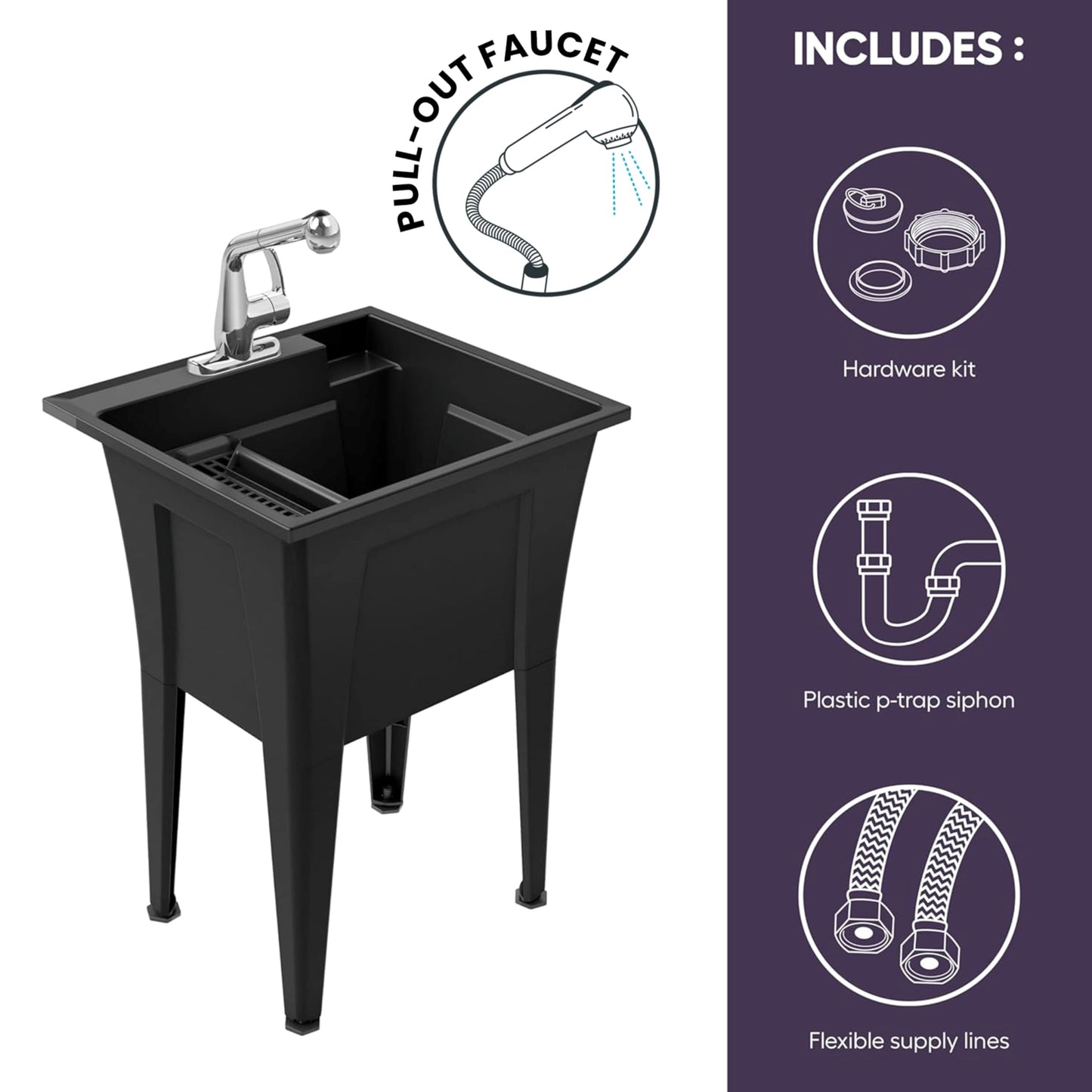 Freestanding Utility Sink with One Handle Chrome Faucet - 24" Plastic Utility Sink for Garage, Laundry, Indoor and Oudoor Use - Laundry Tub Kit by Noah William Home - Black (19.5 gal)