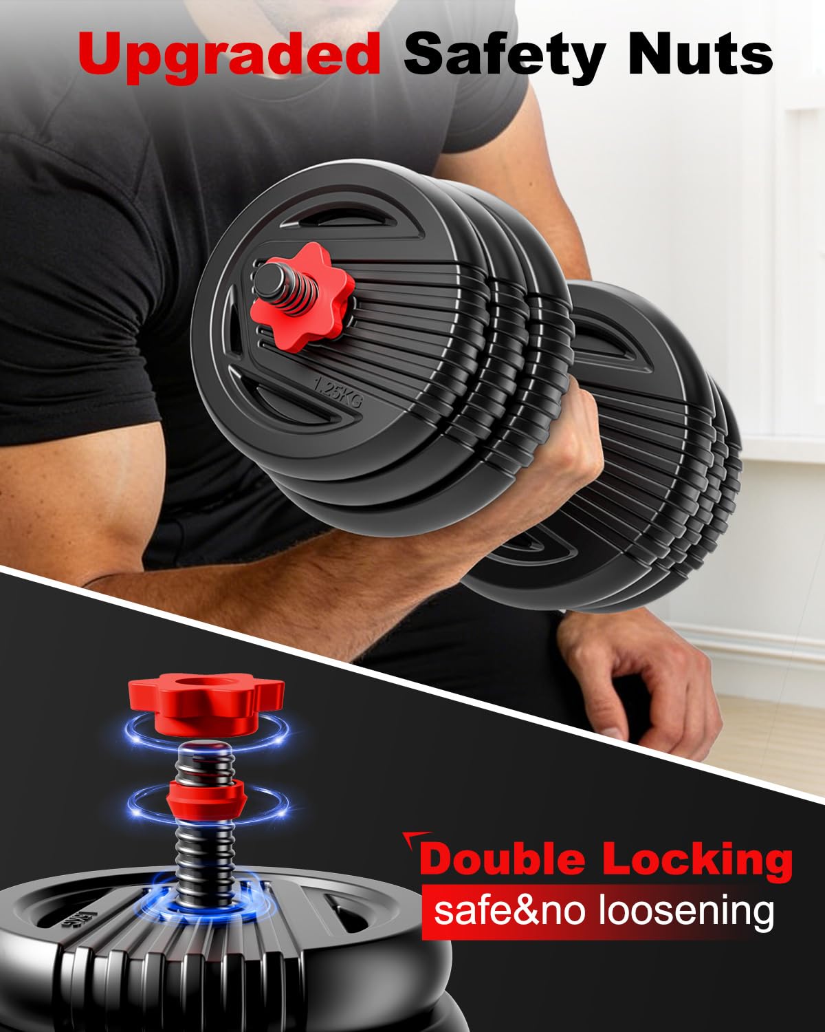 UNNMIIY Adjustable Dumbbells, 20/30/45/70/90lbs Free Weight Set with Connector, 5 in1 Dumbbells Set Used as Barbell, Kettlebells, Push up Stand, Fitness Exercises for Home Gym Suitable Men/Women