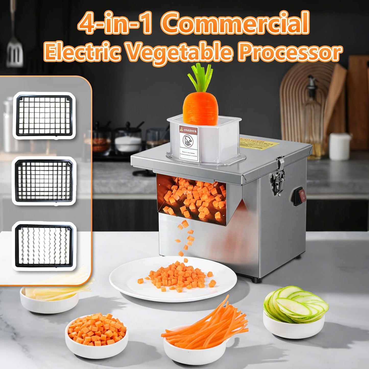 4 in 1 Commercial Vegetable Processor, 200W Electric Veggie Fruit Slicer Dicer Shredder & Strip Crinkle Cutter All Stainless Steel 110volt, for Commercial Home Use
