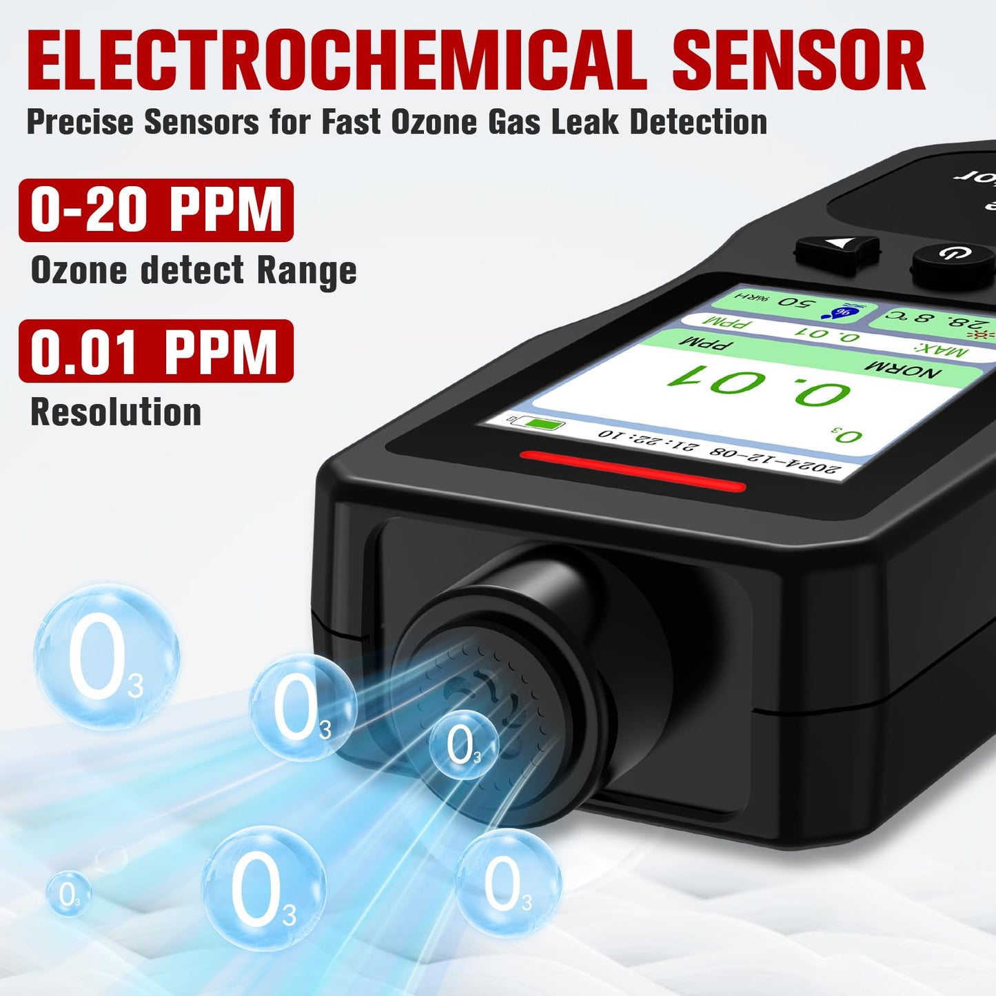 ZYKYCX Portable Ozone Detector, 0-20 PPM Ozone Gas Monitor with 0.01 PPM High Resolution, 16H Long Battery Life, Ozone Meter with Alarm, O3 Air Quality Monitor with Temp & Humidity Tester