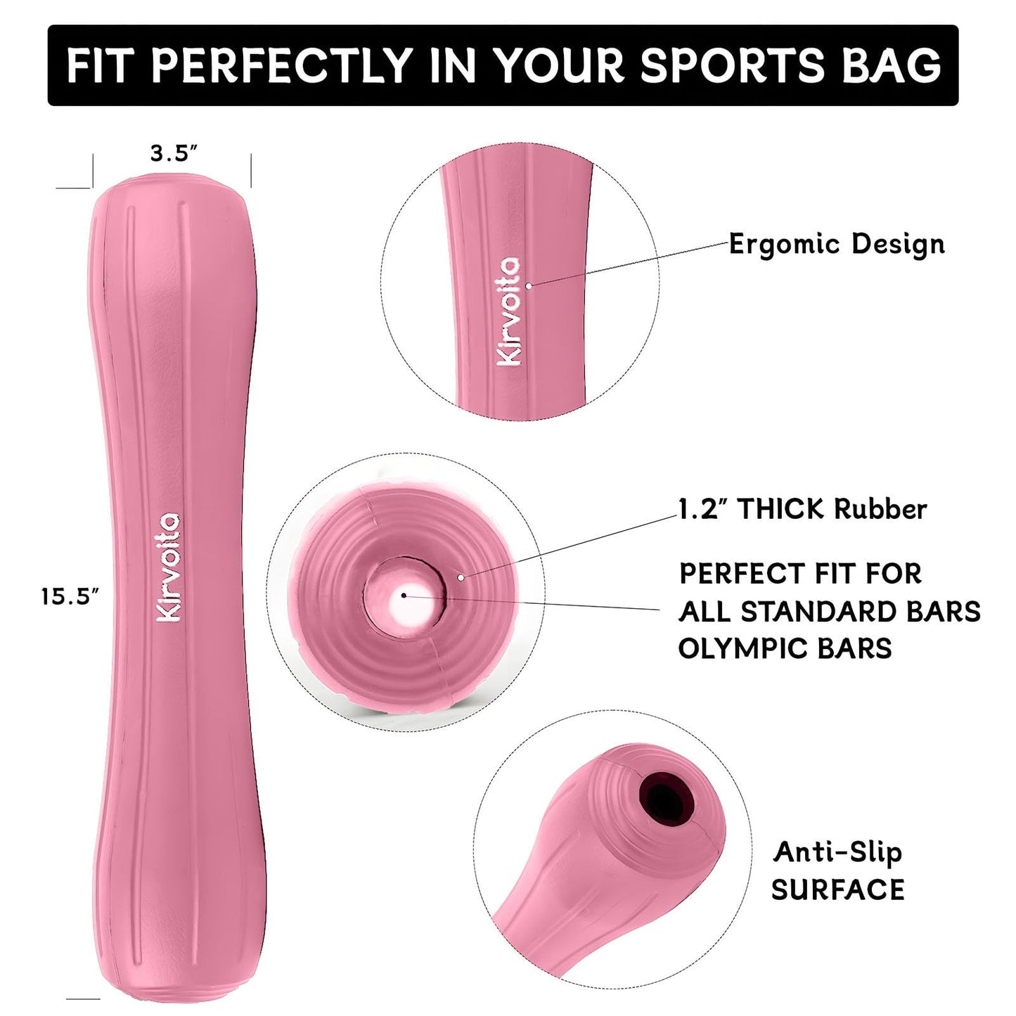 Kirvoita Rubber Barbell Pad, Squat Pad, Hip Thrust Pad, Easy to Install, No/Straps Needed, for Both Heavy Weights & Lower Weights (15.5 * 3.5 * 3.5 in, Pink)