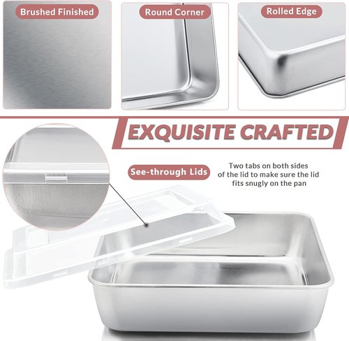 E-far Square Cake Pan Set - 6/8/9 Inch Stainless Steel Bakeware with Lids, Non-Toxic & Dishwasher Safe - 6 Pieces