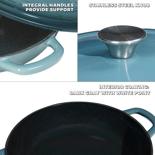 Flavehc Enameled Cast Iron Braiser - 3 Qt Slate Blue Casserole Pan with Lid & Handles
