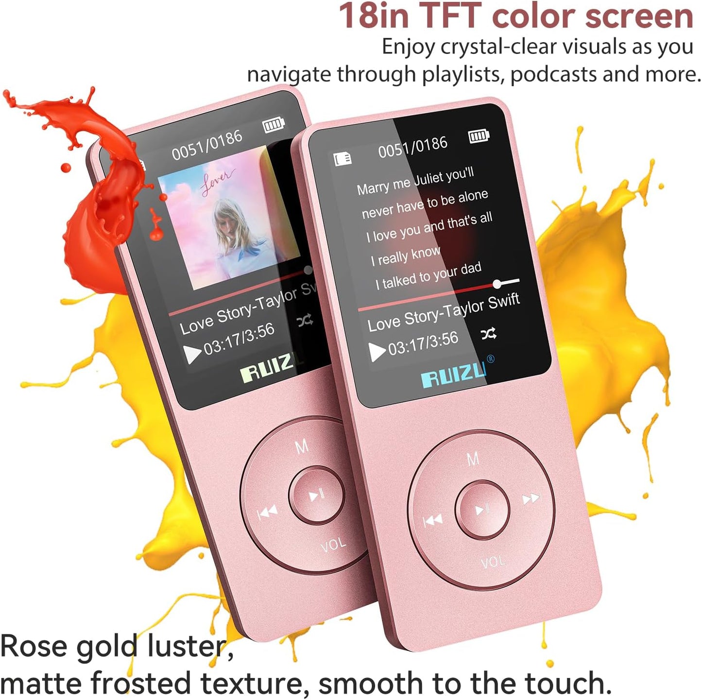 RUIZU 64GB MP3 5.3, 1.8" 80H 128GB Player with Bluetooth Screen Portable Music Player, FM Radio, Voice Recording