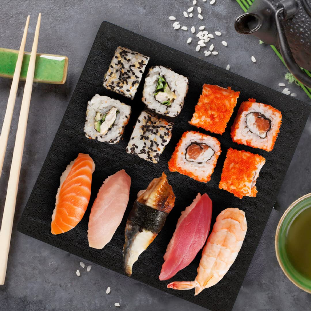 TIKUSAN Serving Platters Sushi Plate Set of 2 Square Plates Made in Japan Ceramic Plates for Dinner Party Restaurant for Appetizer Meat Dessert (Black)
