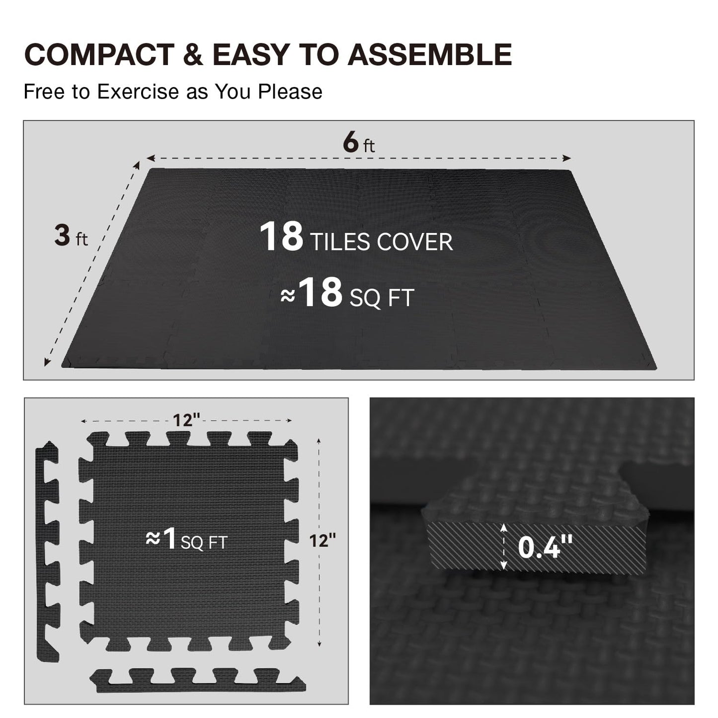AIRHOP 18 Tiles Gym Floor Mat, EVA Foam Puzzle Gym Mat, High-Density Interlocking Foam Floor Tiles for Home Gym, Play Workout Garage Kitchen Flooring