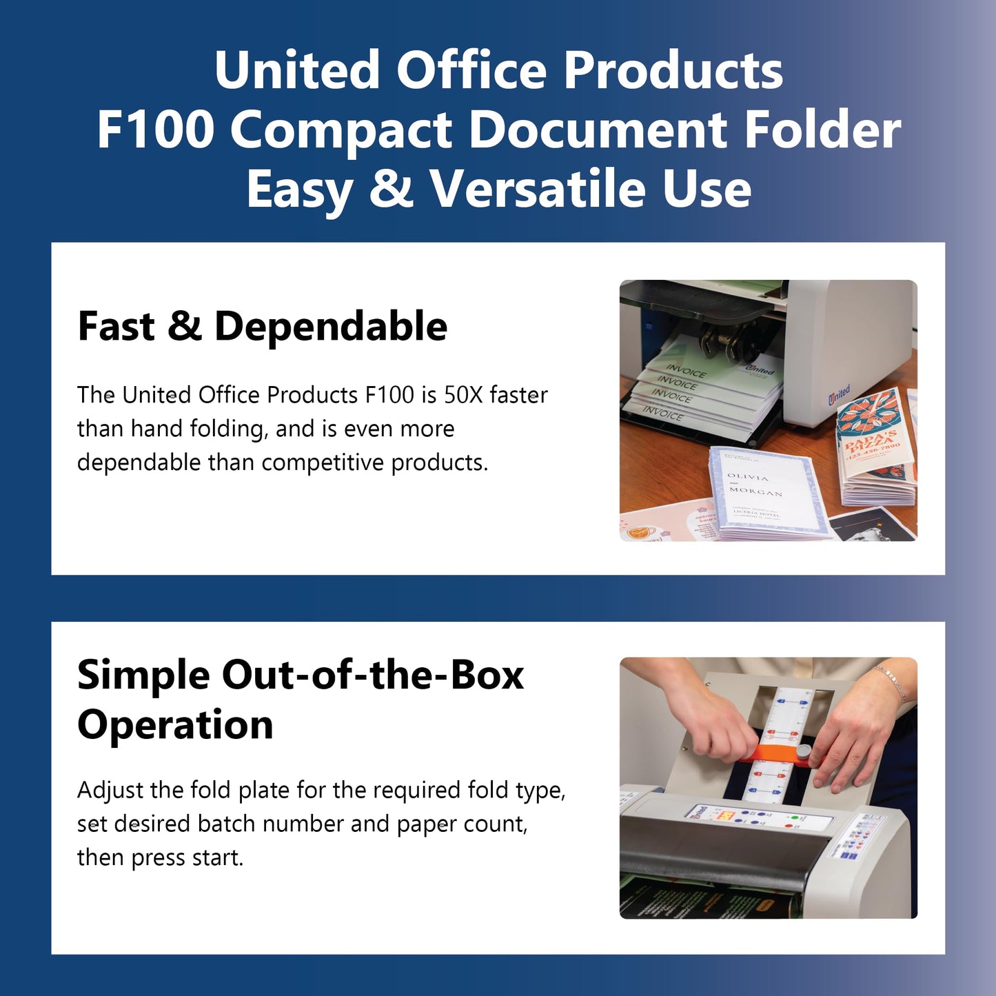 United Office Products F100 Automatic Paper Folding Machine, 200-Sheet Capacity, Folds Letter and Legal Size Paper, High-Speed Letter Folding Machine for Offices, Schools and Churches