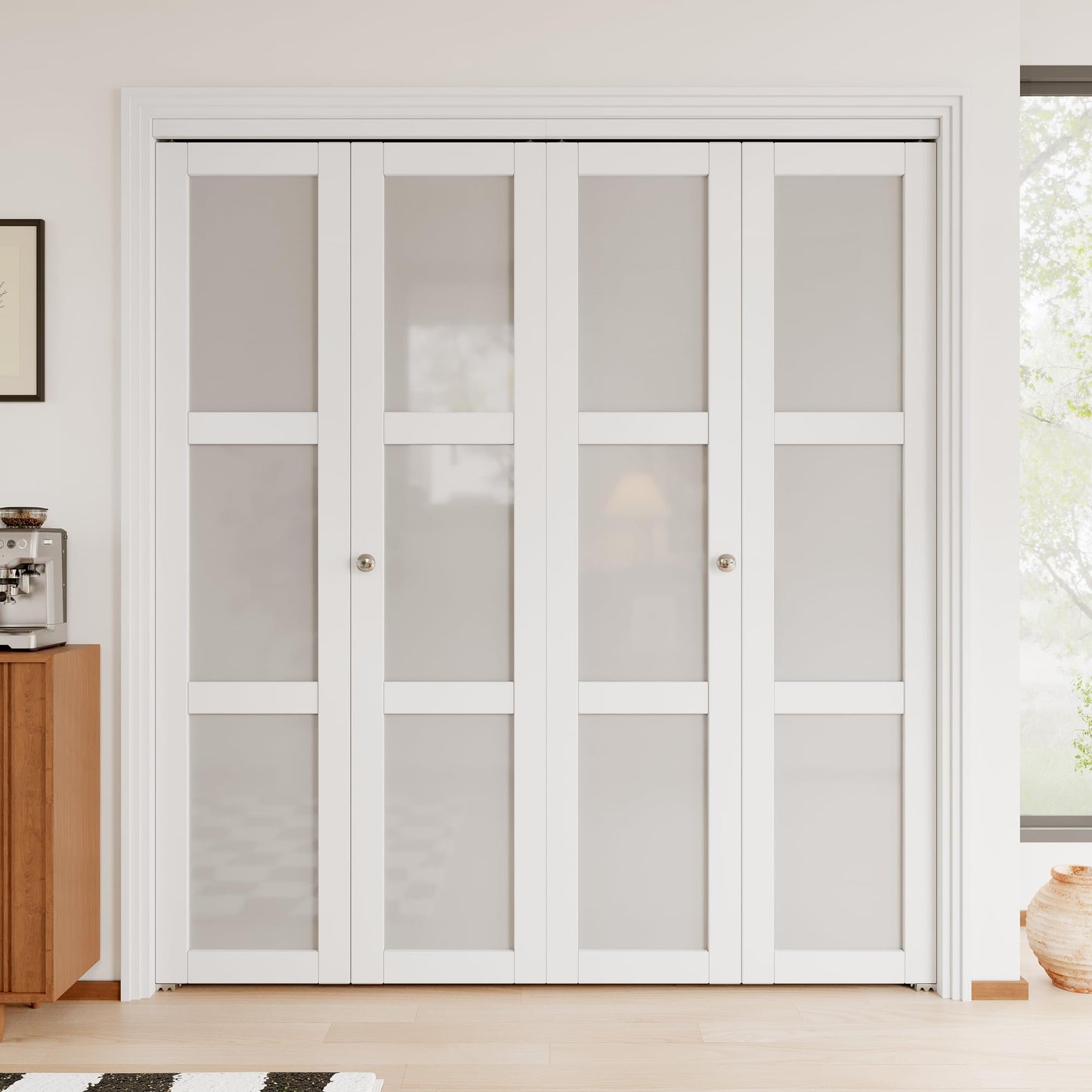 JuJuBon Bifold Doors for 72"x 80" Opening, 3-Lite Tempered Frosted Glass Closet Door with Sliding Hardware Kit, Interior Bi Fold Doors for Pantry, Solid Build Quality & Easy Install