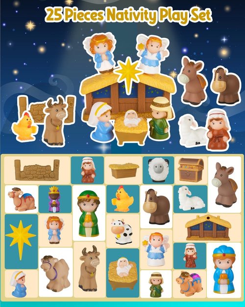 COOLTUNE Nativity Set for Kids - 25-Piece Christmas Playset with Soft Rubber Figures for Ages 1-6