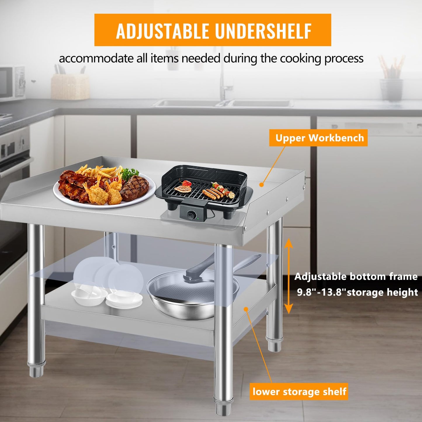 GarveeTech Stainless Steel 60x30x24 inch Equipment Grill Stand Table, 660 LBS Top and Bottom Shelf, Adjustable Legs, 2 inch Edge Baffle, for Hotel, Home, Commercial Restaurant Kitchen
