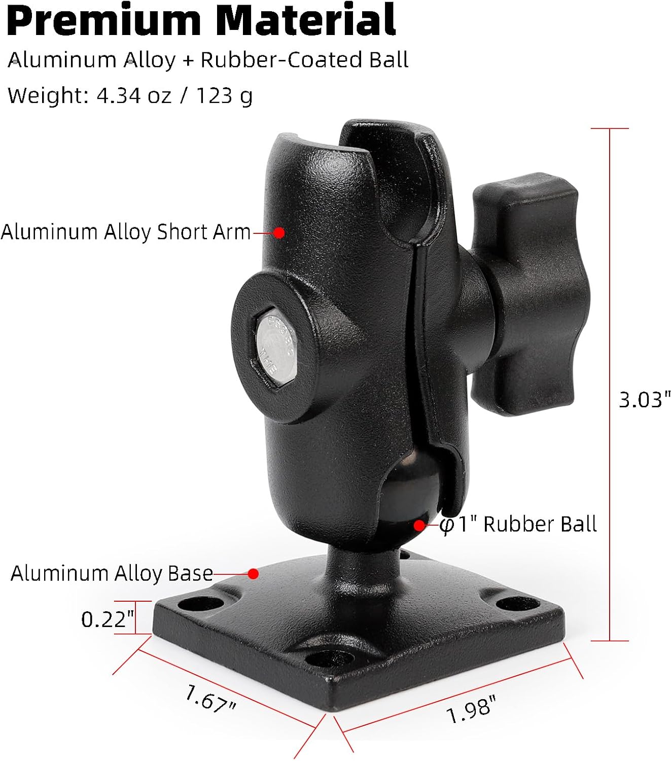 FPN 1" Ball Mount with Aluminum Alloy Square Plate & Short Double Socket Arm, Universal Electronic Device Mounting Base