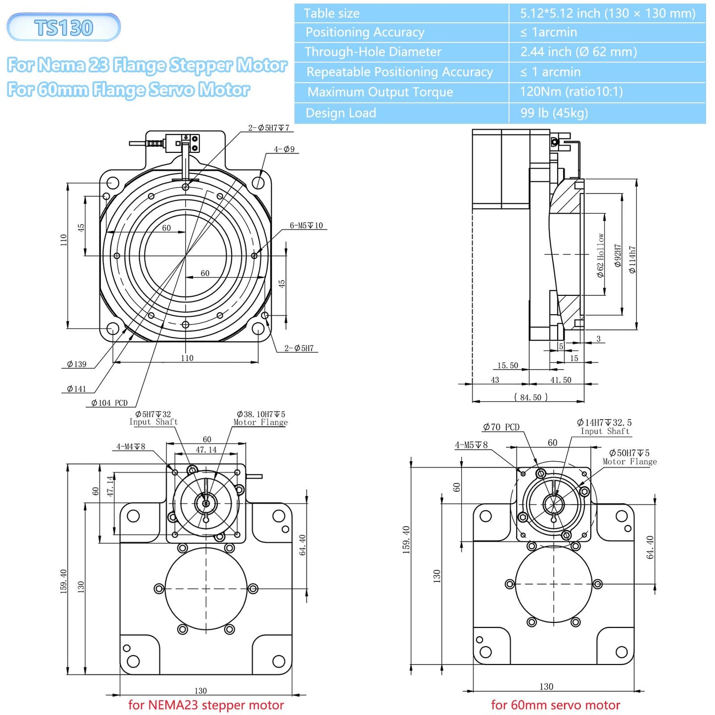 Hollow Rotary Table 130mm 10:1 Ratio with Closed Loop NEMA 23 Stepper Motor Driver Kit 45kg Load Capacity High Precision ≤1 Arcmin Speed Reducer for Indexing Table Automation Robotic Assembly