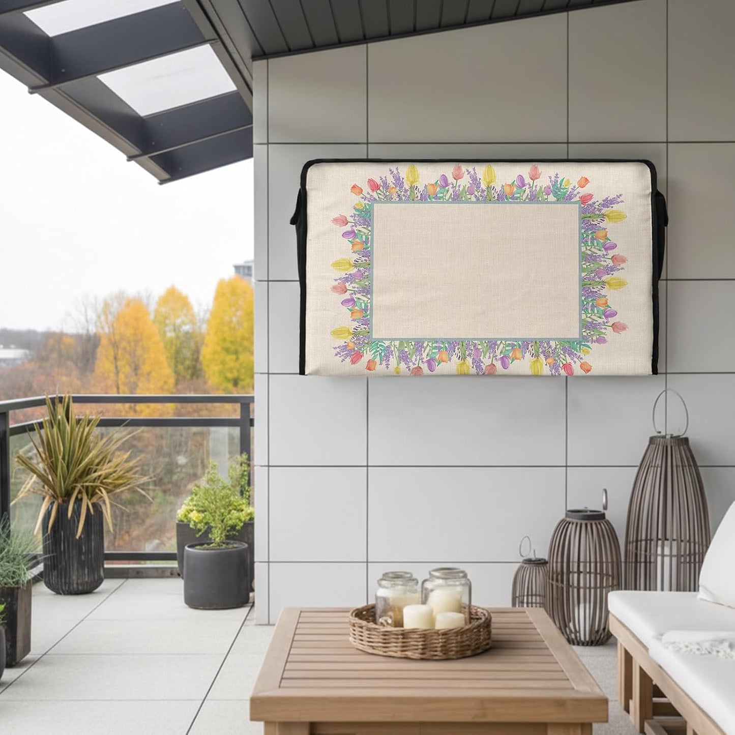 EZON-CH 40-43 inch Outdoor TV Cover Floral Plants Tuilps Lavender Linen Texture Weatherproof TV Screen Protector