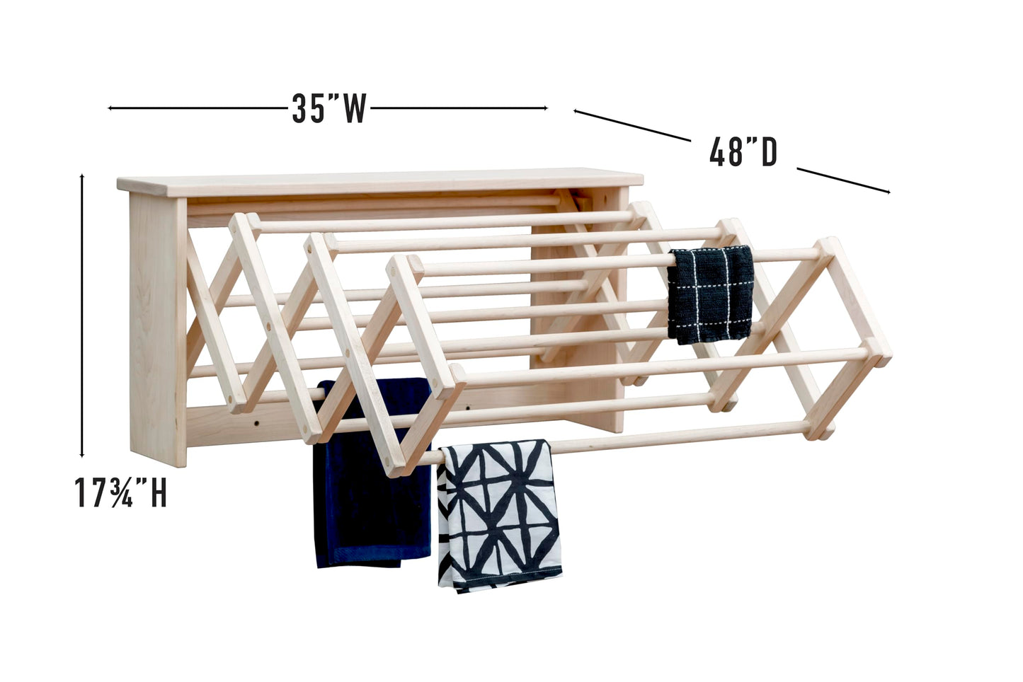 Pennsylvania Woodworks Extra Large Wall Clothes Drying Rack ~ Heavy Duty Solid Maple Hardwood, Folding, Collapses to 35" x 20" x 8", Hand Built in USA, Unfinished