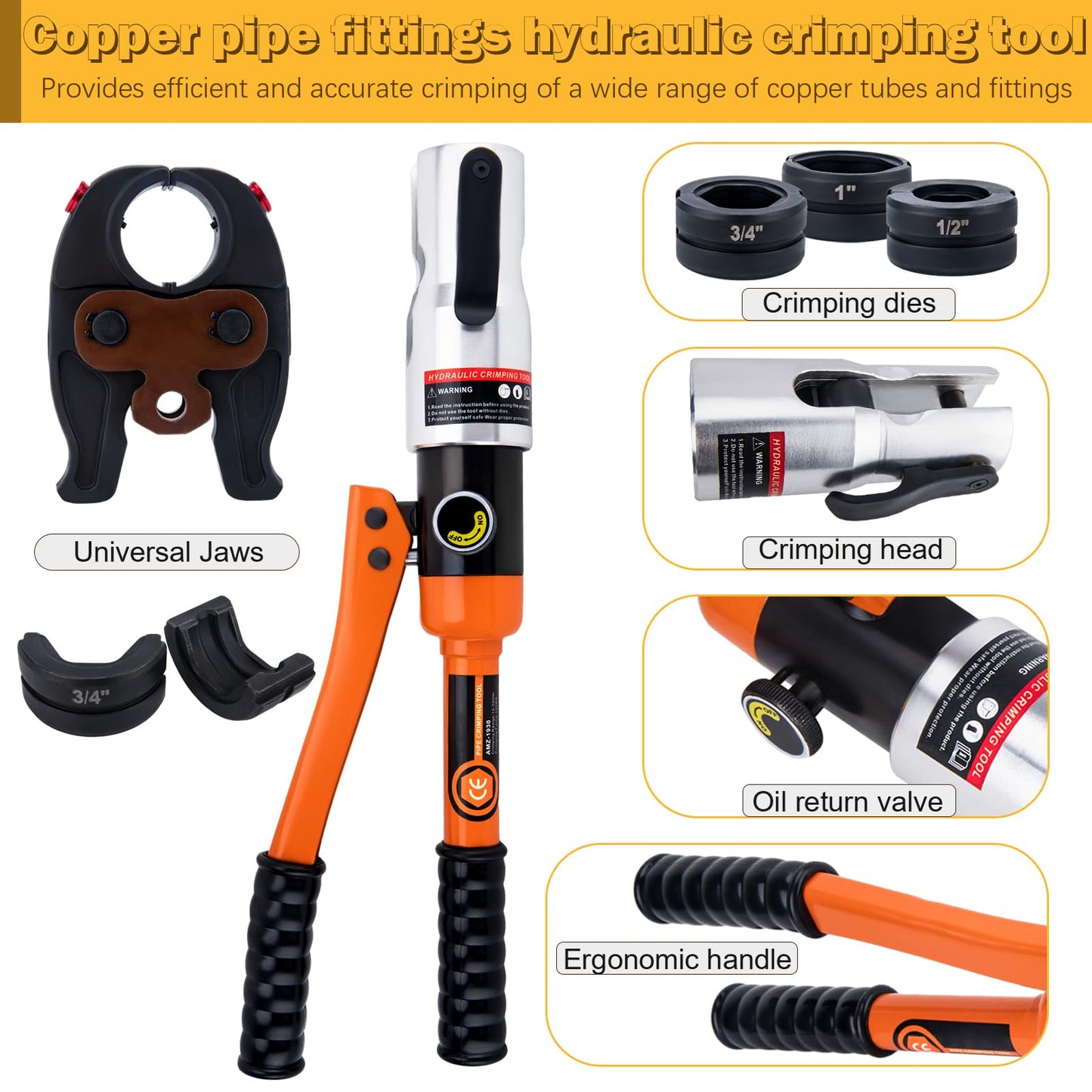 Copper Pipe Crimping Tool, W/ 1/2", 3/4", 1" Jaws, Copper Tube Fittings Hydraulic Pipe Crimping Tool, for Confined Spaces and Tee Fittings, Hydraulically Driven