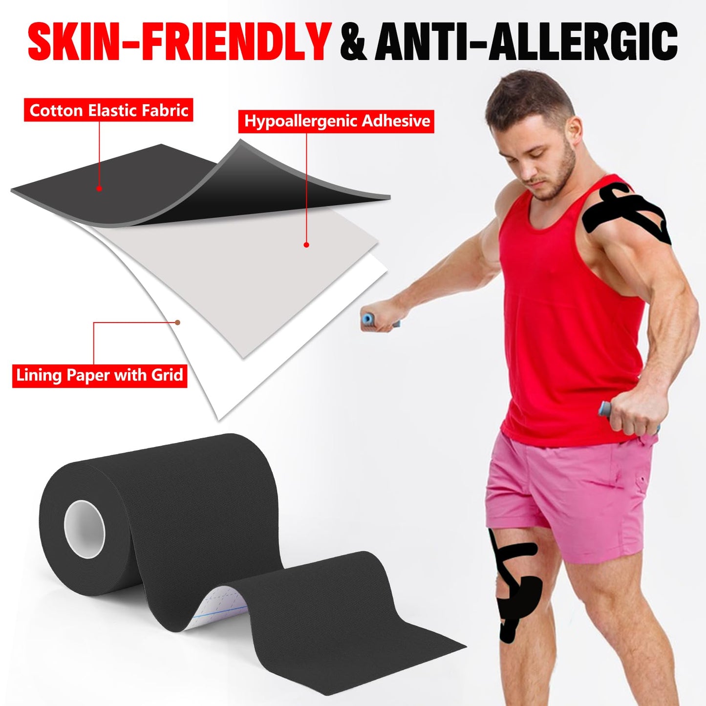 3 Rolls Kinesiology Tape, 4 inch x 14.8 Feet Waterproof Athletic Tape, Uncut Kinetic Tape, Elastic Muscle Tape, Sports Tape, Knee Tape for Exercise and Daily Use - Black