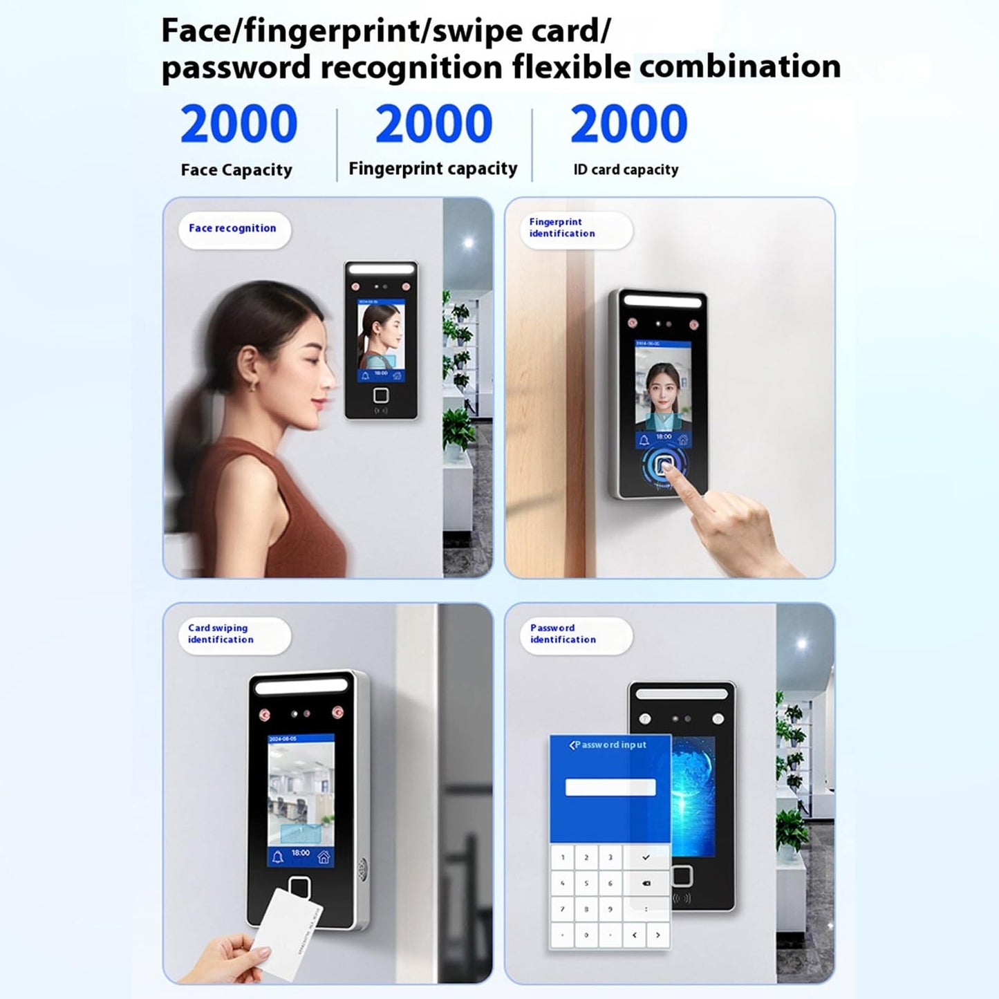 Face Recognition Attendance System, Biometric Time Clock with 4.3" LCD Display, 2000-User Capacity, Dual Camera Access Control for Offices, Hotels, Factories