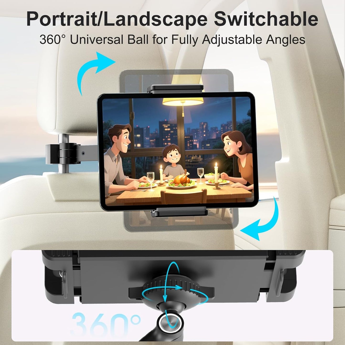 UPERGO Headrest Car Tablet Holder - [Long Aluminum Extension Arm] [Ultra-Compact] Foldable iPad Holder for Car