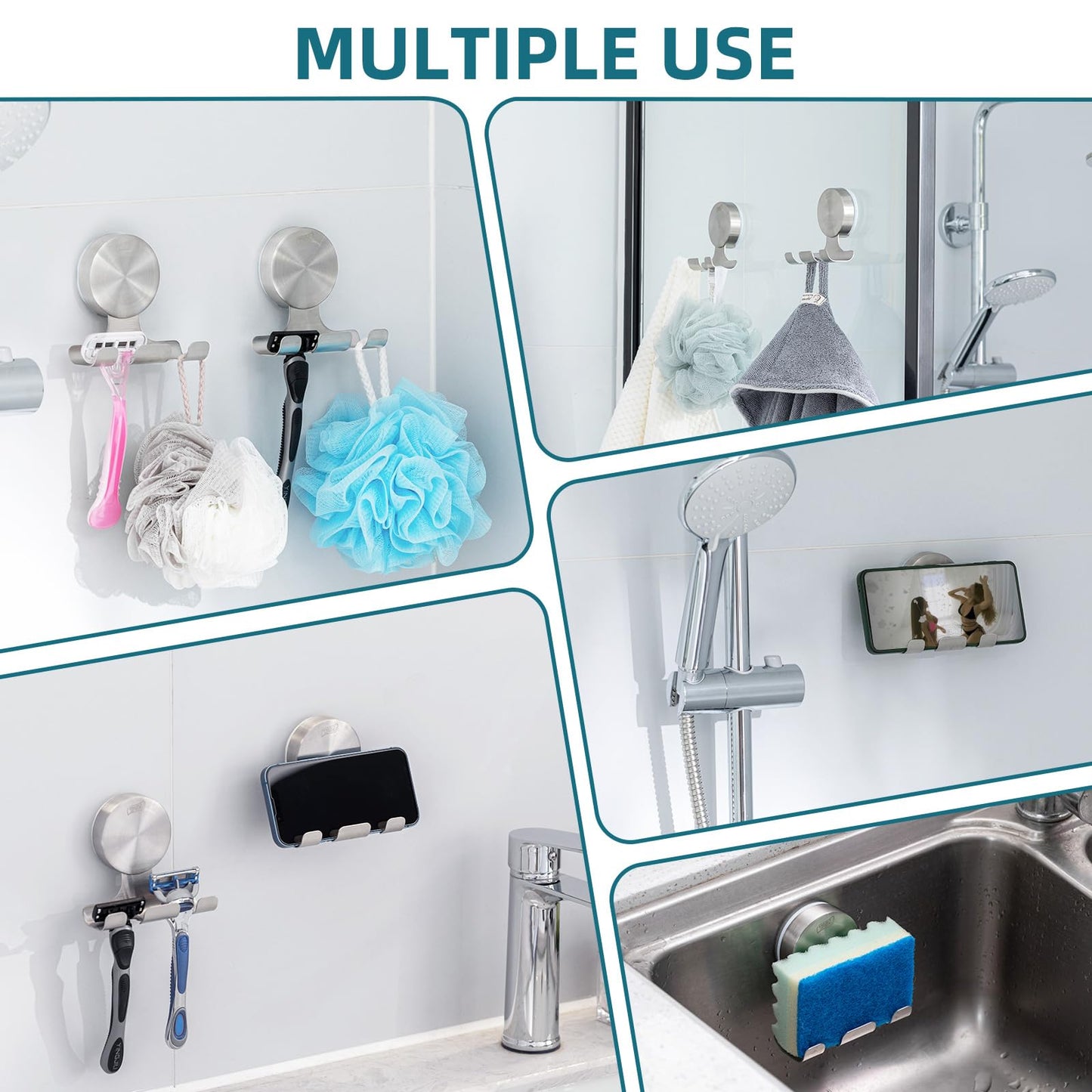 TAILI 2 Pack Powerful Suction Cup Razor Holder, 304 Stainless Steel Bathroom Suction Hooks for Towel, Loofah, Bathrobe, Stylish Shaver Holder for Shower Wall, Easy to Install and Reuse, Silver