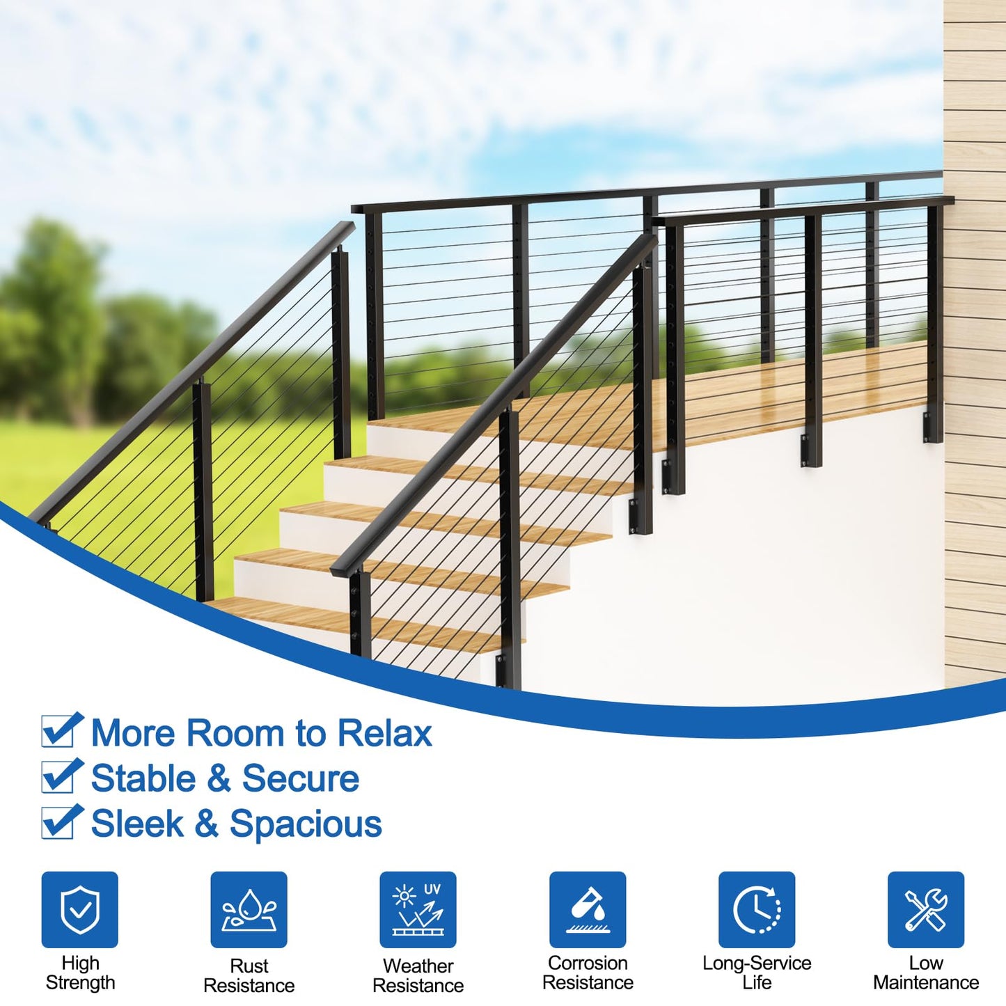 PLANTOP 4-12ft Complete Set 36" Side Mount Cable Railing Post for 25-35 Degrees Stair, 2 Pack Black Left Fascia Mount Stair Post, 150ft 1/8" Cable(No Handrail), Swageless Cable Railing Kit, MY10-SP