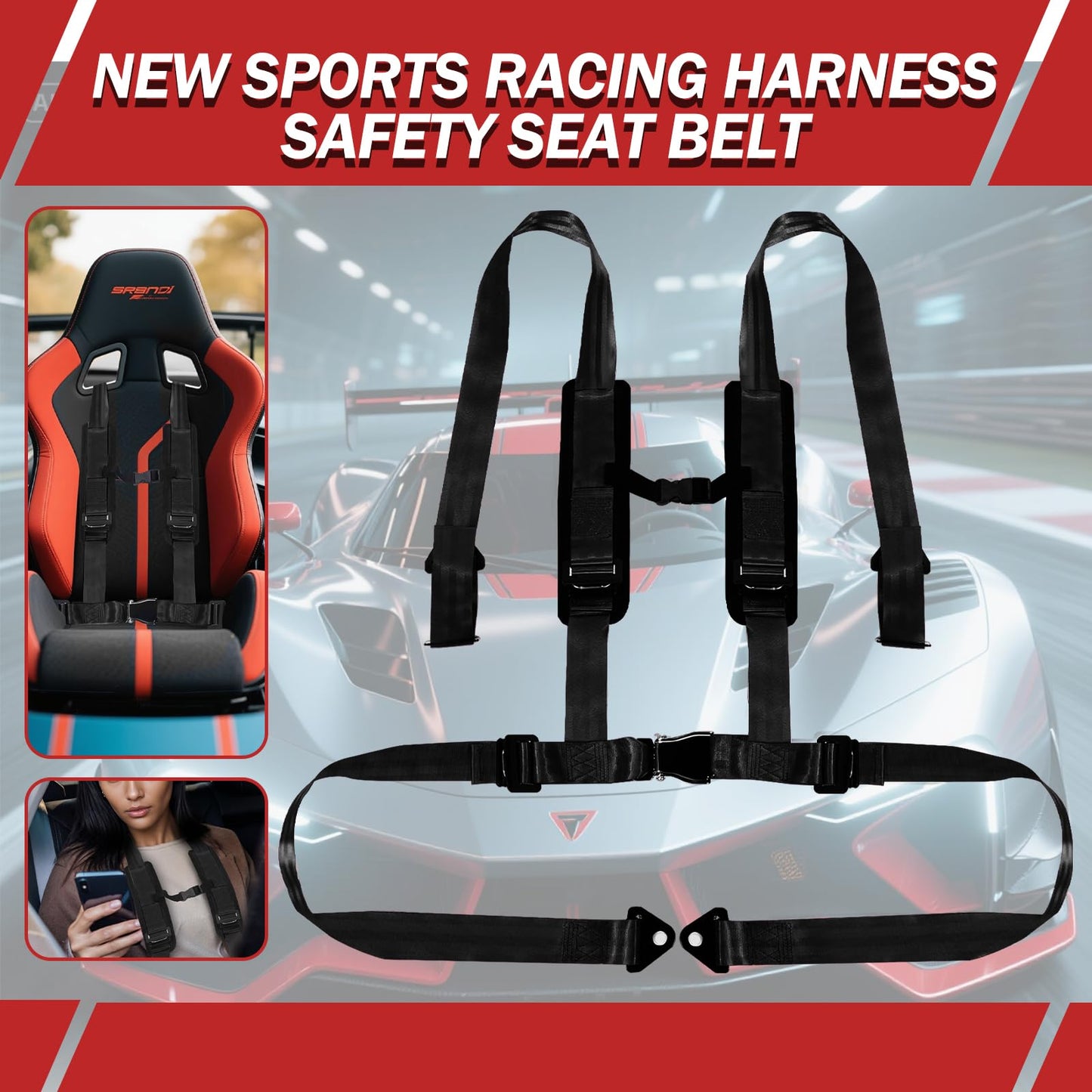 RWYSSYTF 4PT Belts Harness with 2 Inch Padding Compatible With Bypass Clip for Racing Go Kart UTV ATV Cranes, Excavators, Loaders, Forest fire engines, and mine dump trucks Black