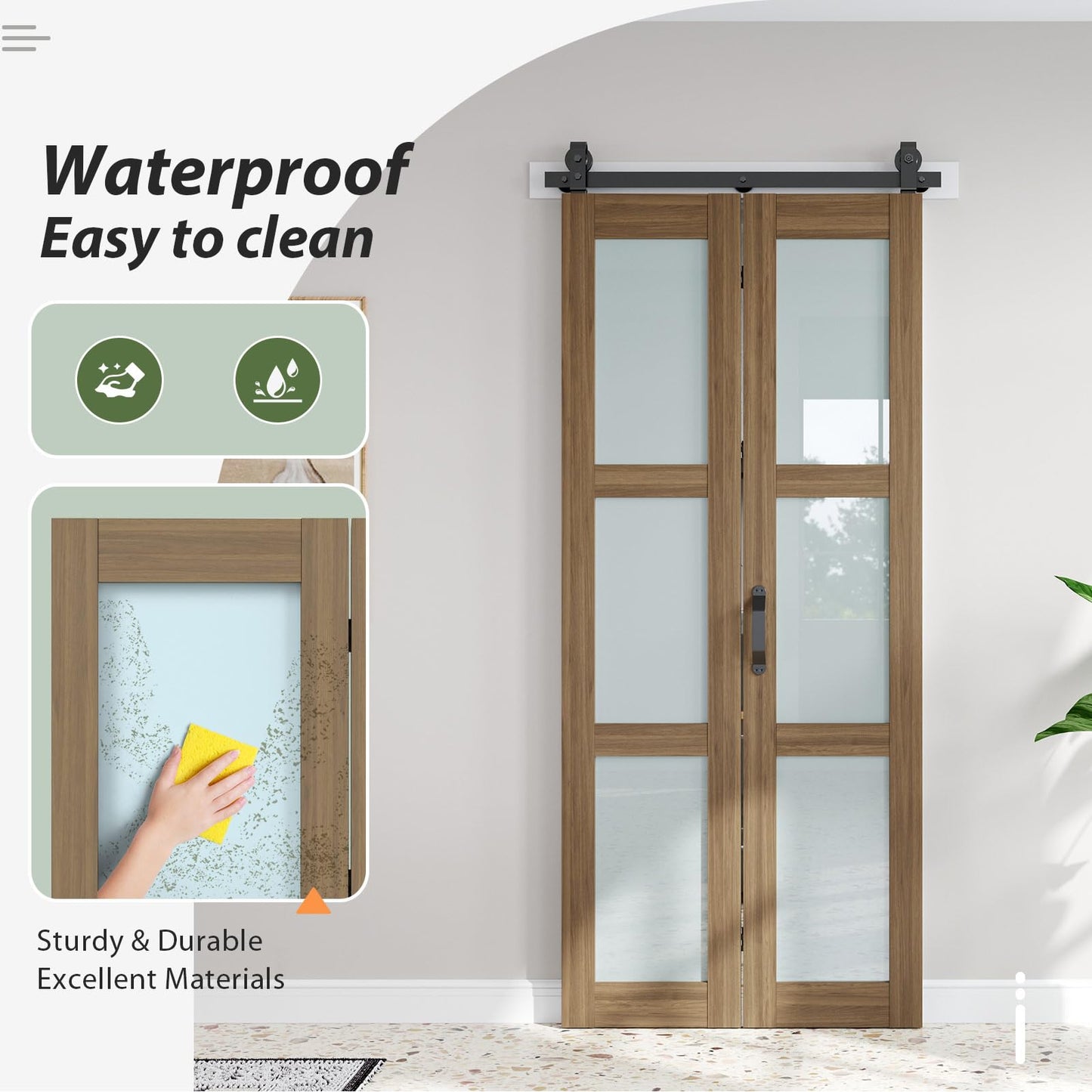 FREDBECK Bifold Barn Door 36X84(Double 18x84),3 Panels Glass with Hardware Kit Included, Modren,Water-Proof PVC Surface for Bathroom,Assembly Required