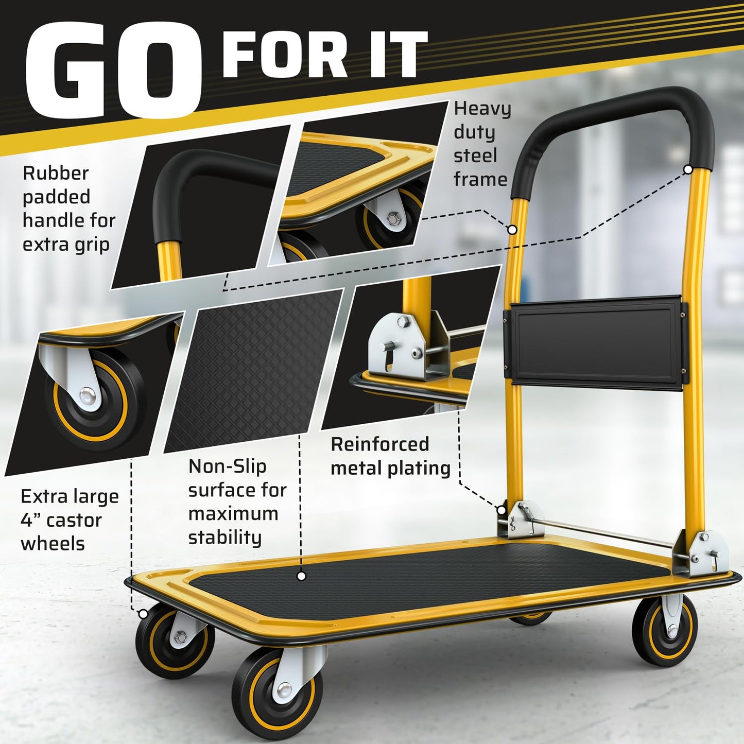 Heavy Duty Foldable Push Cart Dolly | 660 lbs. Capacity | Upgraded Collapsible Hand Truck Folding Platform with Swivel Wheels | Flat Bed Moving Wagon | Space Saving Push Handle (Yellow)