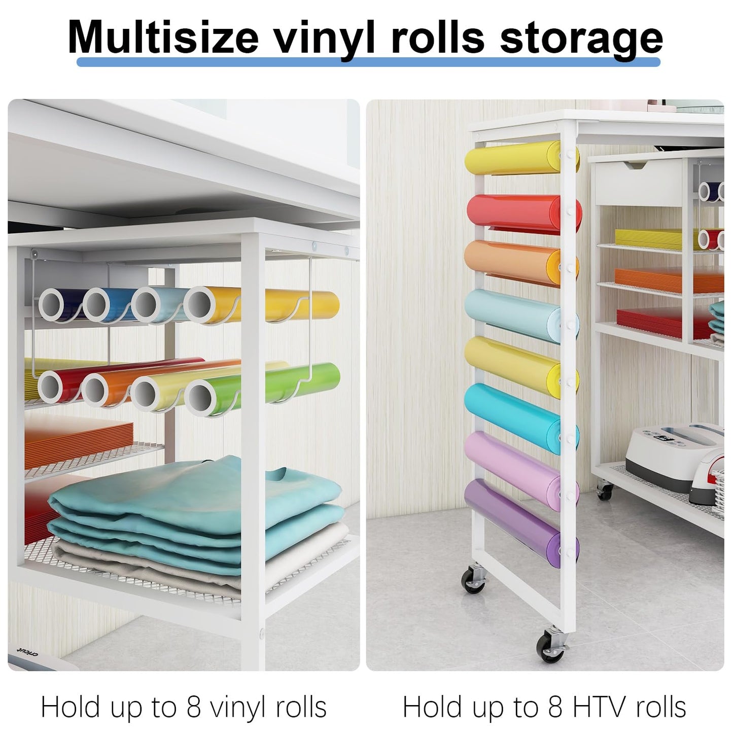 PUNCIA Heat Press Stand with 360°Rotating Craft Cart Table Compatible with Cricut Machine Rolling Organization and Storage with Vinyl Roll Holder Crafting Workstation for Craft Room Home Office