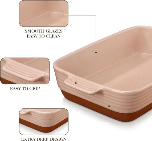 MALACASA 4.8 Qt Ceramic Baking Dish - Deep Rectangular Casserole with Handles | 9 x 13 Inch, Khaki & Pink