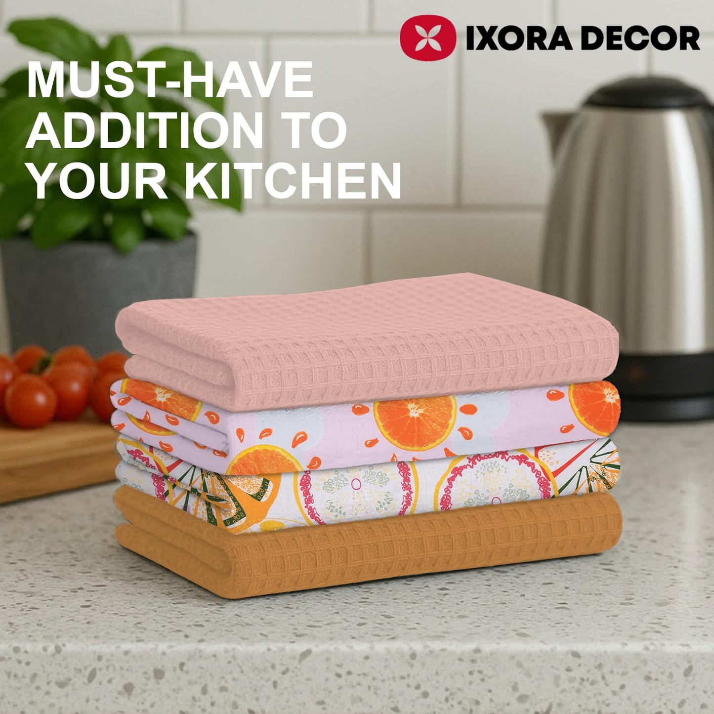 IXORA DECOR 100% Cotton Kitchen Towels Set of 4 | 2 Solid Dyed Waffle Weave Dishcloths & Citrus Digital Kitchen & Table Linen Cloth | Super Absorbent Napkins | 50 x 70 Inches - Pastels
