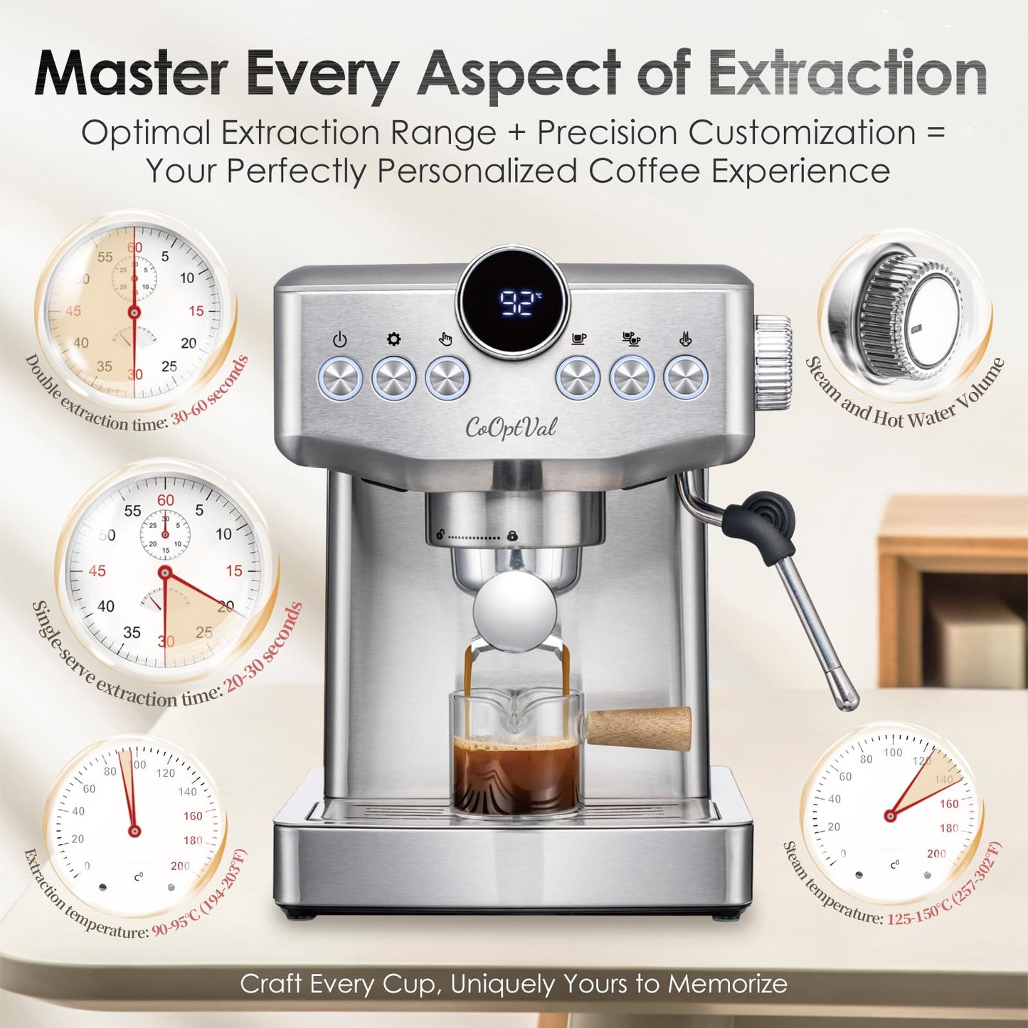 CoOptVal 20-Bar Espresso Machine & Cafetera Espresso – Fully Customizable Brewing (Temperature, Time, Volume, Steam) – Steam Wand & Milk Frother, Stainless Steel – Latte Machine & Cappuccino Machine