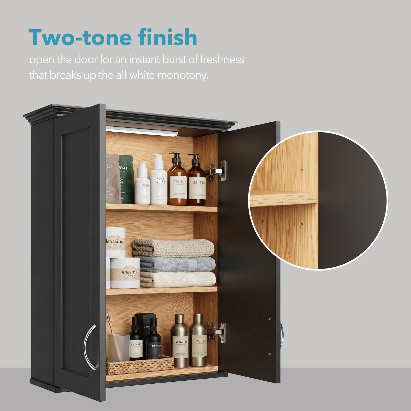 VANIRROR 23x30 Wall Mounted Bathroom Cabinet with Motion Sensor Light, Over The Toilet Medicine Cabinet Storage, 2-Door Black Wood Kitchen Cupboard with Adjustable Shelves & Soft Close Hinges