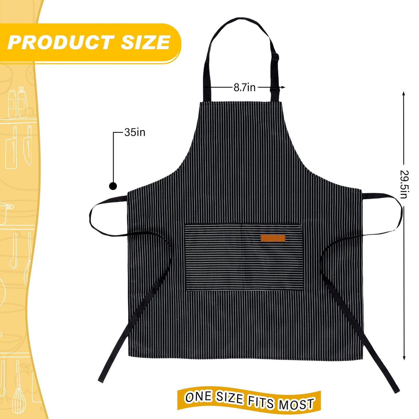 Handepo 4 Pcs Kitchen Aprons with Pockets Adjustable Waterproof Cotton Aprons Striped Apron for Women Men Chef Gift for Dad(Narrow Stripes,Black)