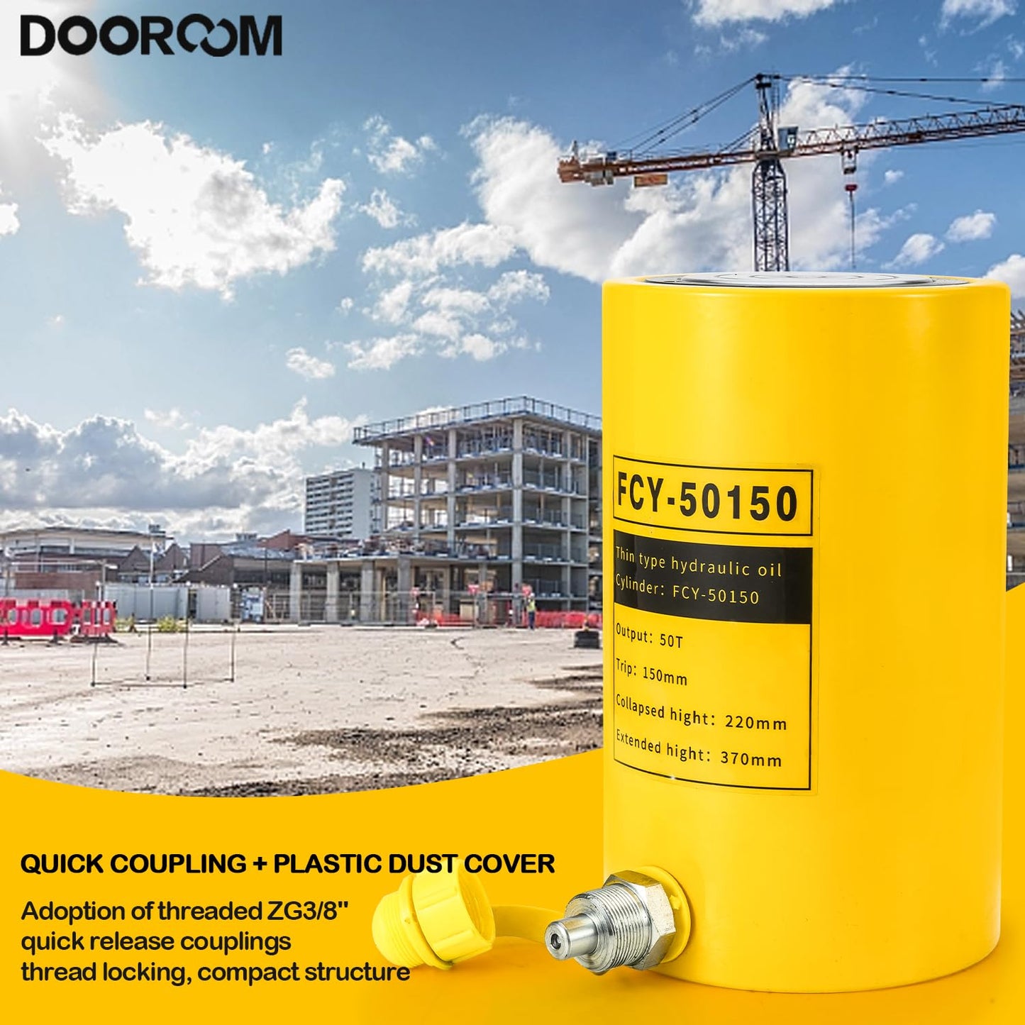 DOOROOM 50T 6Inch Stroke Porta Power Single Acting Lifting Cylinder for Shipbuilding, Machinery and Industry,Automatically Retract Split Hydraulic Cylinders Tools, Yellow