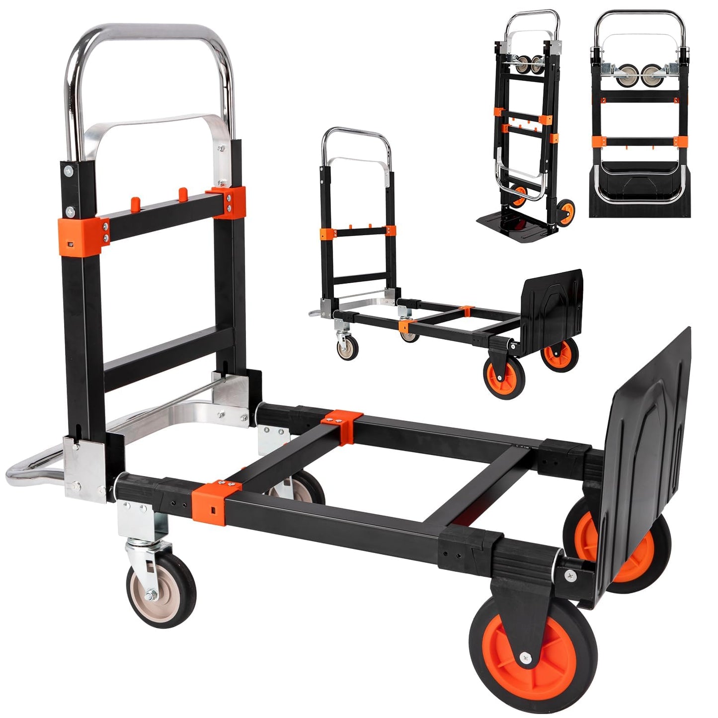 3-in-1 Aluminum Hand Truck Dolly, 660 lbs Heavy Duty Folding Trolley with Universal Wheels, Collapsible Platform Truck with Tie Down Straps for Warehouse, Supermarket, Office