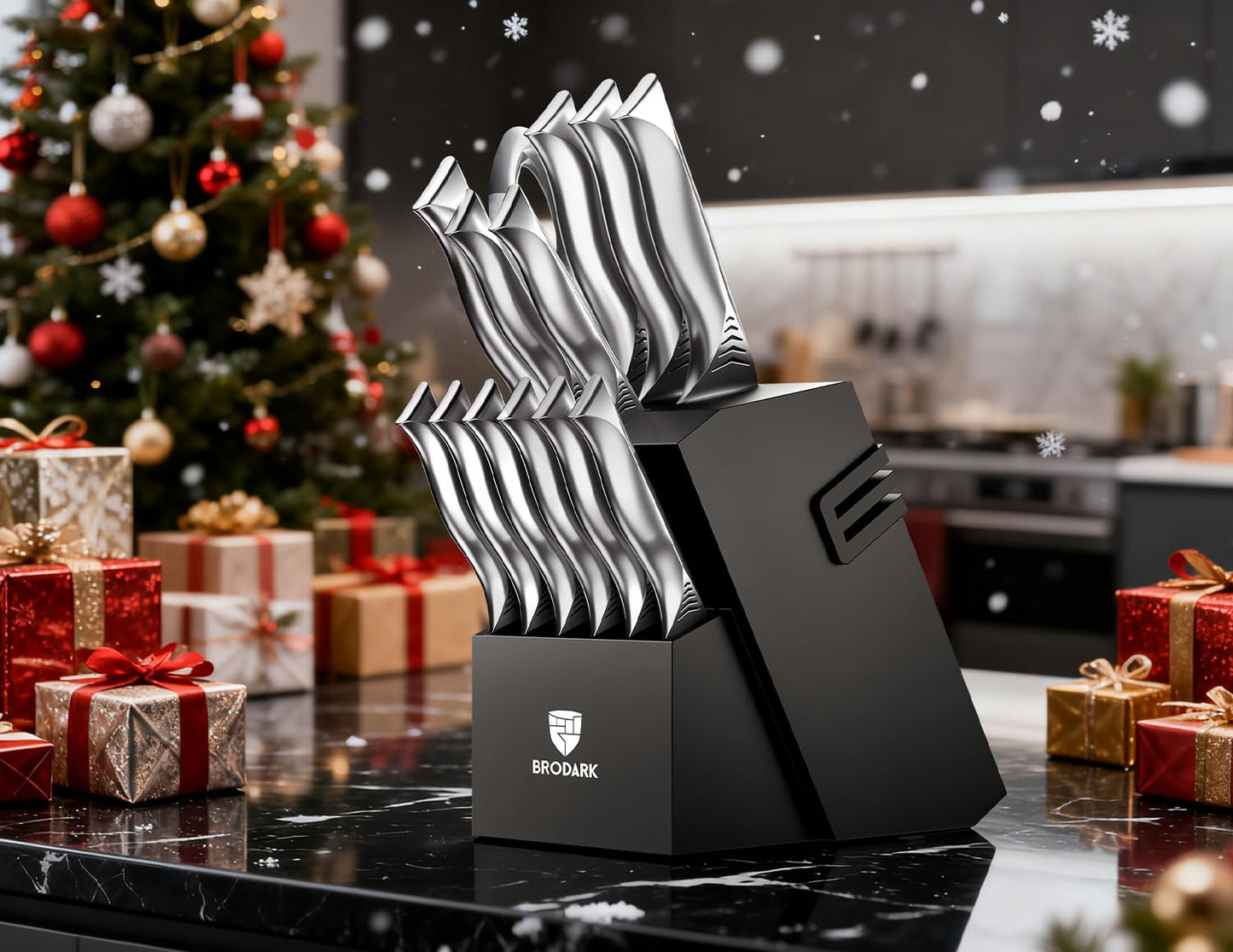 BRODARK Kitchen Knife Set with Block - 15-Piece Knife Block Set with Built-in Sharpener - High Carbon Stainless Steel Kitchen Knives Set for Kitchen - Christmas Gift, Shark Series, Mothers Day